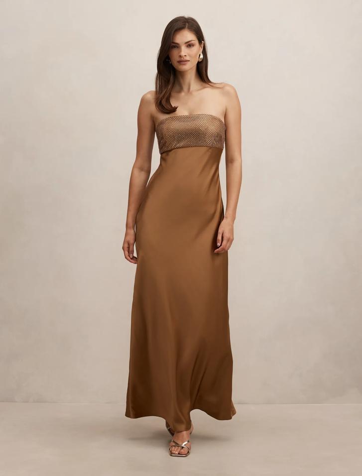 Gold Maxi Dress - Amina Embellished Satin - Size 0 to 12 - Womens Satin  Dress