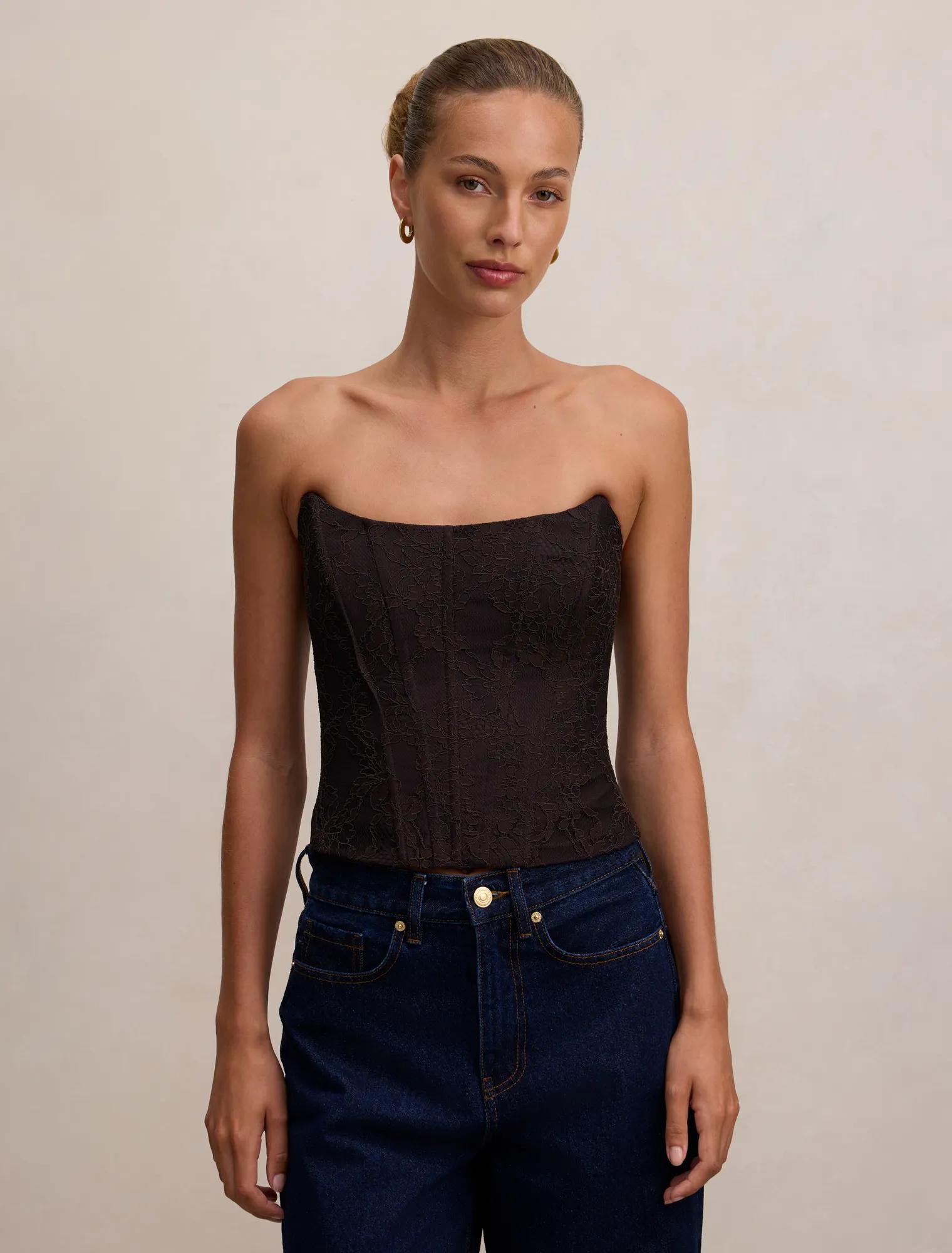 Forever New Women's Lara Lace Corset Top in Chocolate, Size 12 Polyamide/Polyester/Elastane