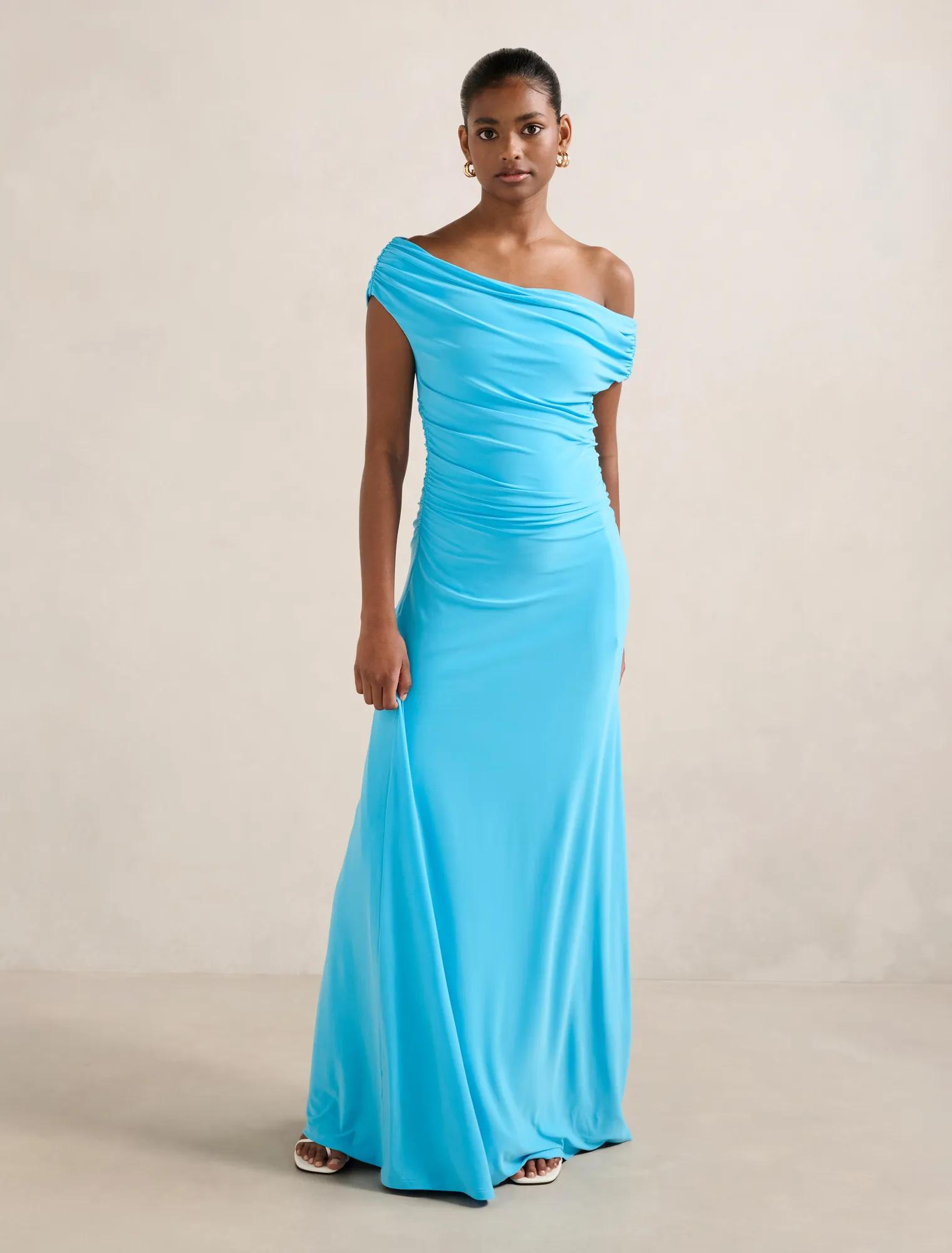 Romy Petite Off Shoulder Dress in Blue - Size 4 to 16 - Womens