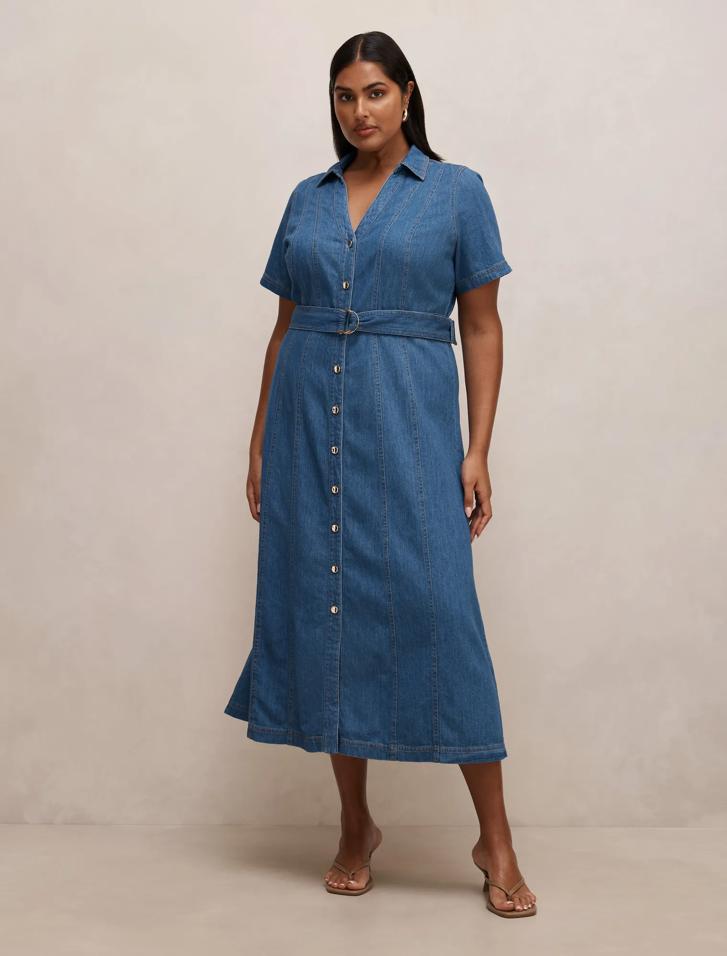 denim dress curve Plus Size Uptown Curve Denim Dress- Dark Wash 1X / Dark Wash at Curvy Sense