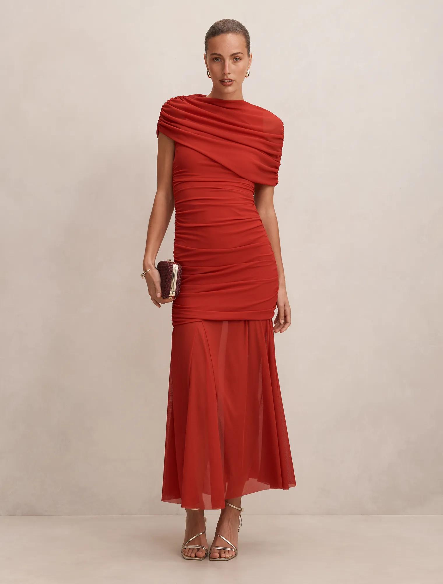 Elouise Asymmetric Cape Mesh Maxi Dress