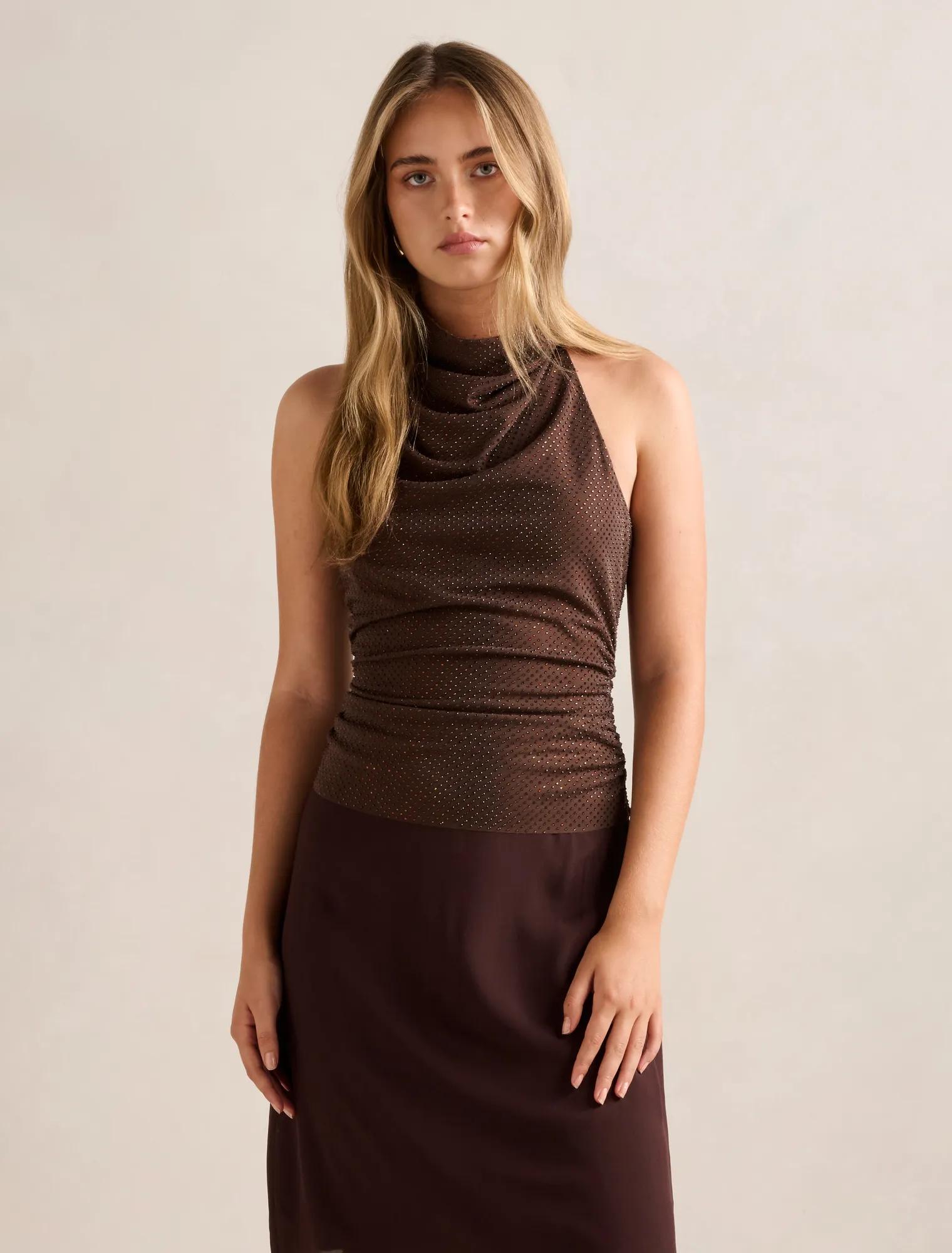 Forever New Women's Lucy Heatseal Halter Top in Chocolate, Size Small Polyester/Elastane