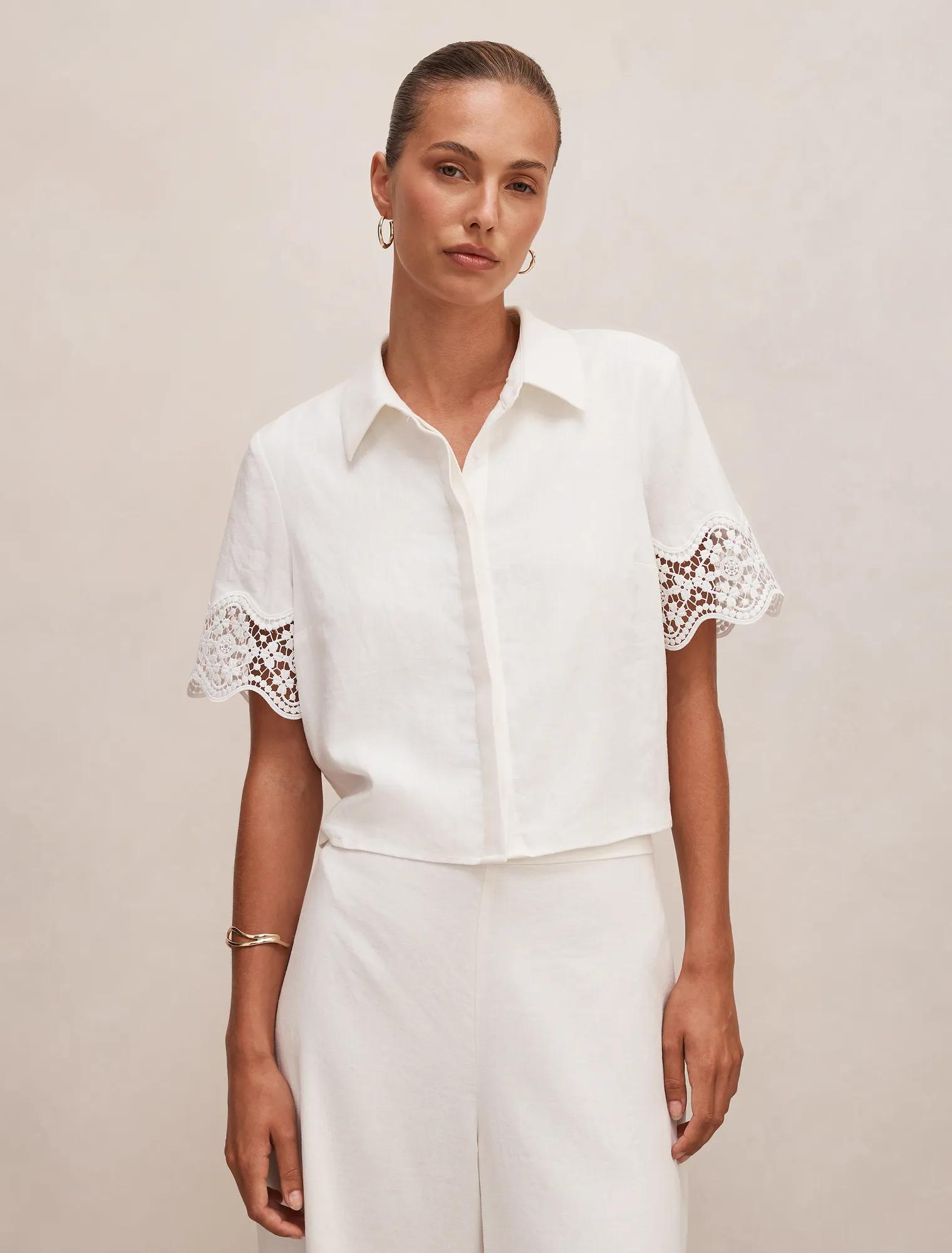 Forever New Women's Skye Lace Trim Shirt in Porcelain Co-Ord, Size 12 Linen