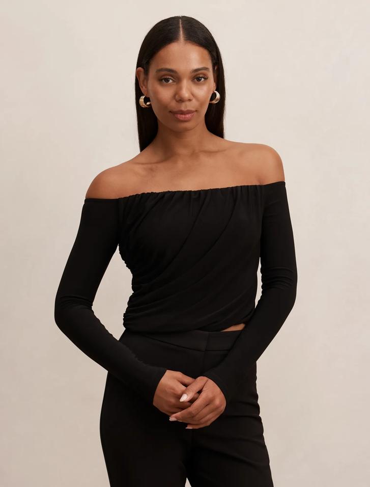 Black Long Sleeve Tops - Dallas Draped - Size 0 to 12 - Womens