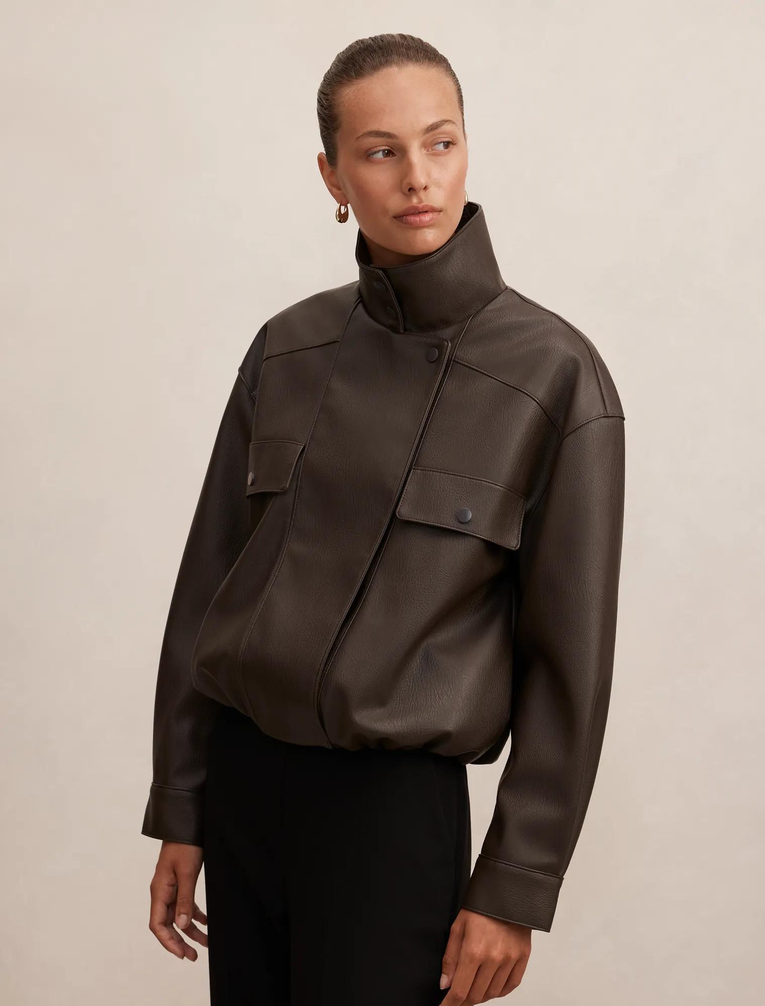 Angela Funnel Neck Faux Leather Bomber Jacket
