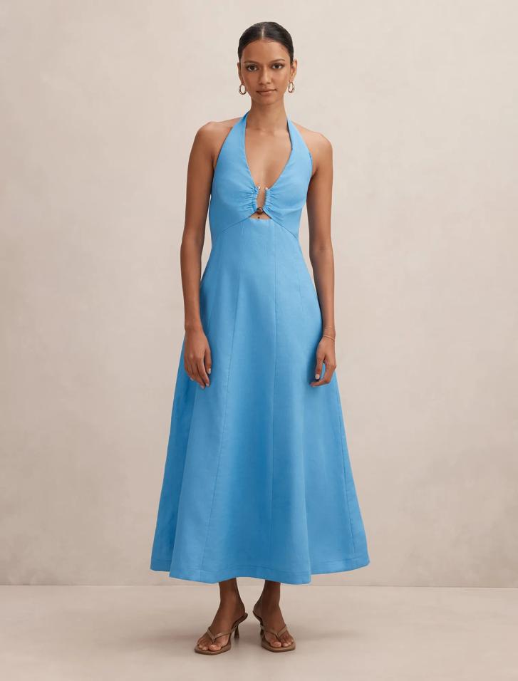 Blue Midi Dress - Angie Petite Halter Linen - Size 0 to 12 - Womens Halter  Dress
