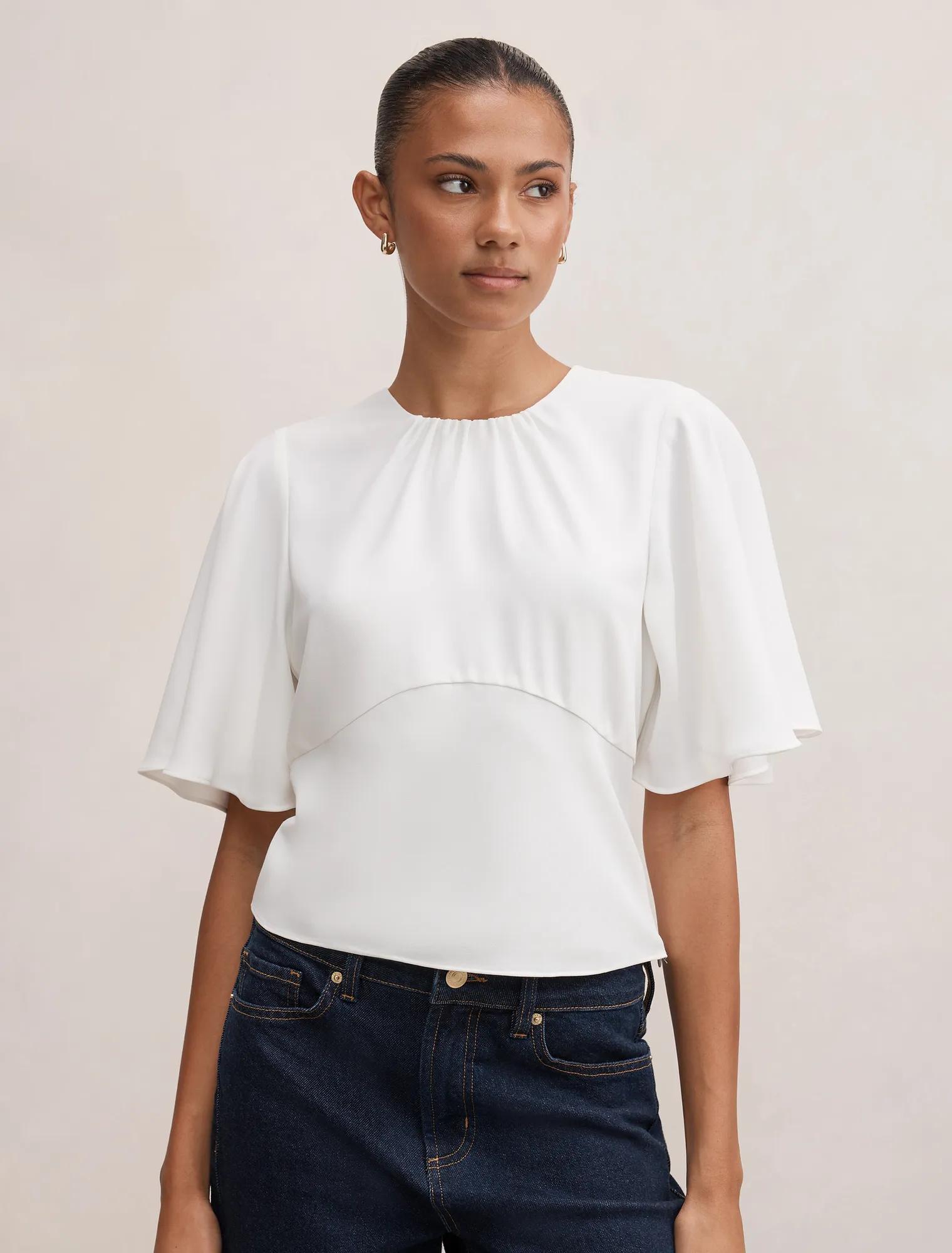 Forever New Women's Kirsten Flutter Sleeve Top in Porcelain, Size 10 Recycled Polyester