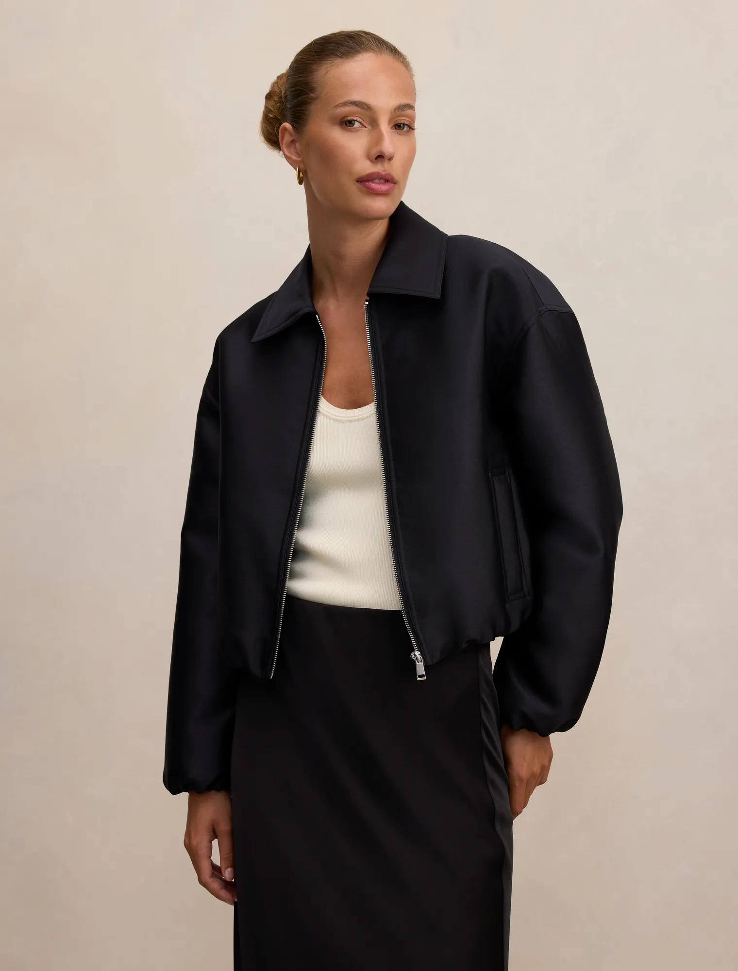 Black Bomber Jacket - Everly Satin - Size 4 to 16 - Womens Jackets