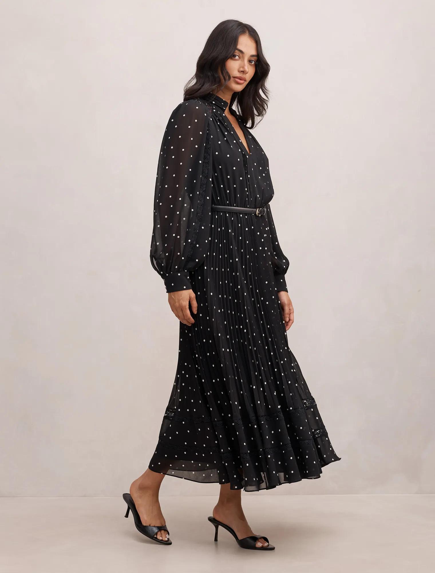 Clara Pleated Lace Trim Midi Dress