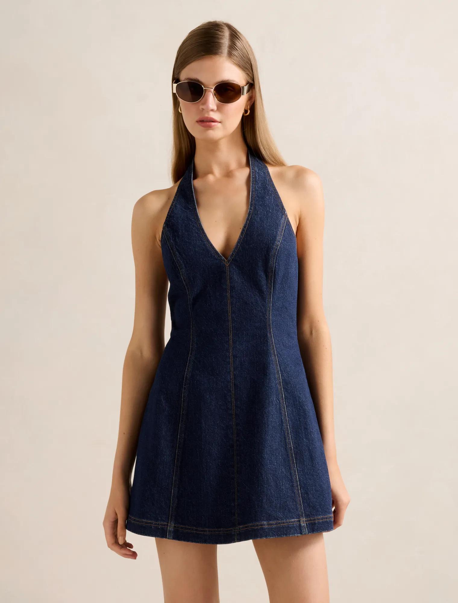 knee length dresses for ladies Frayed Denim Tube Mini Dress