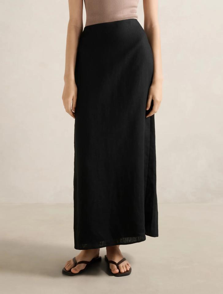 Maggie Linen Column Maxi Skirt in Black Size to 16 Womens