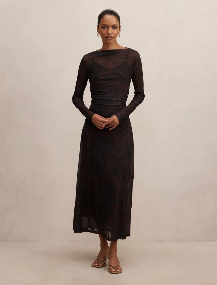 chinese dress ladies Petite Pink Pleated High Neck Raglan Long Sleeve Side Slit Gown main image 1
