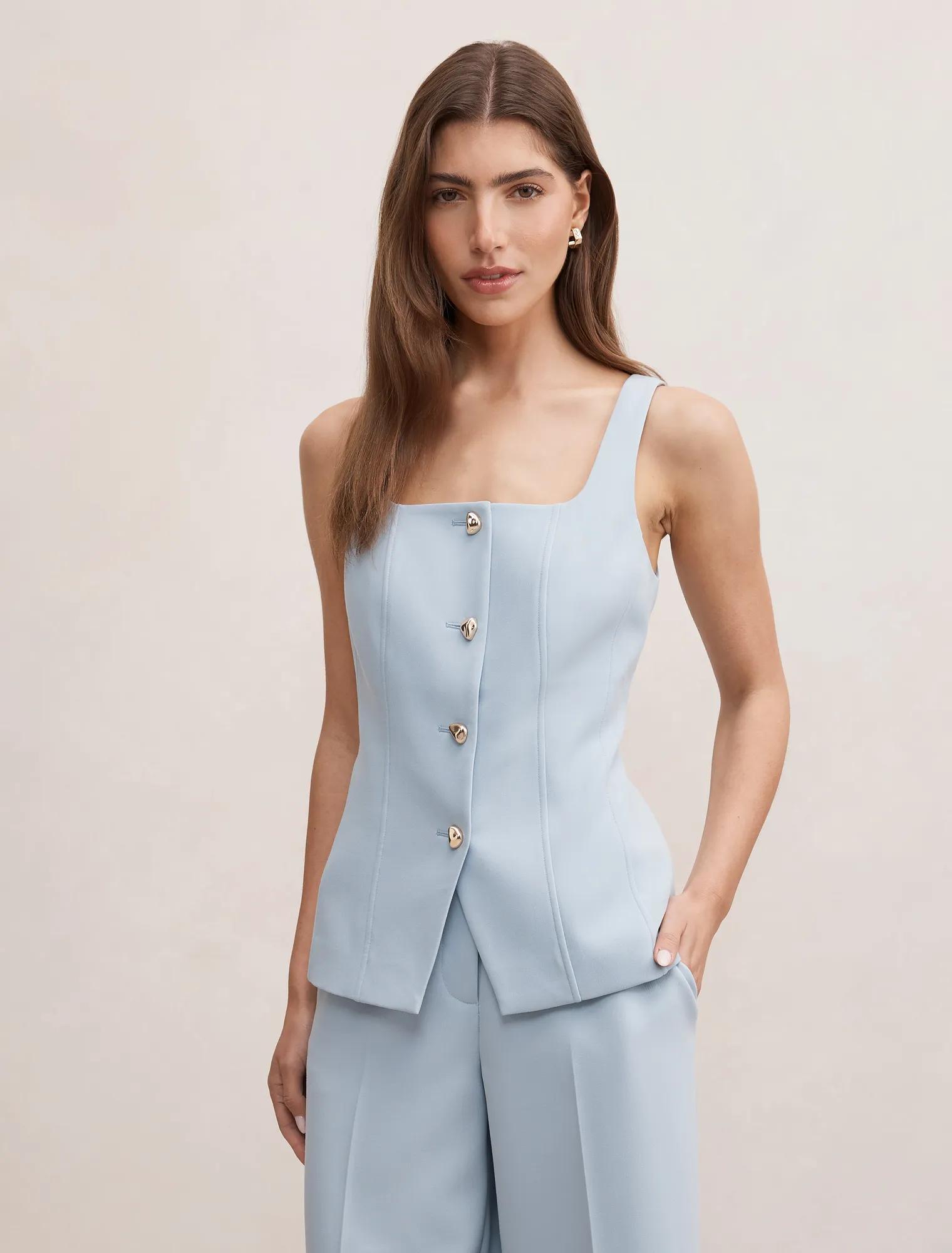 Forever New Women's Lee Square Neck Waistcoat Top in Sky Blue Suit, Size 14 Recycled Polyester/Viscose