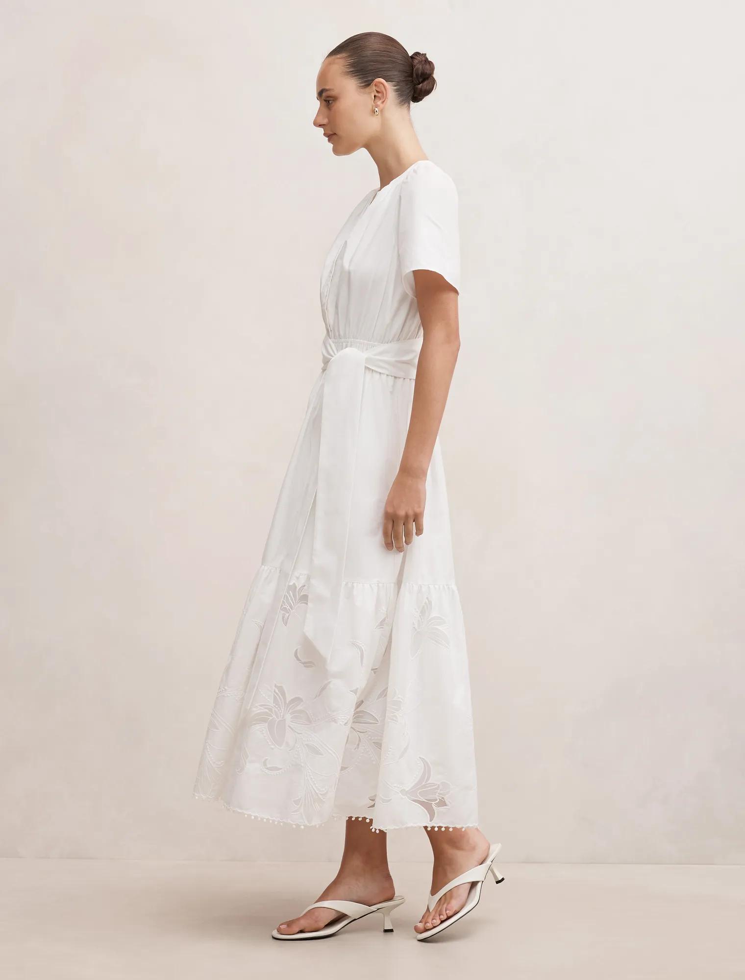 Matilda Embroidered Tie Midi Dress