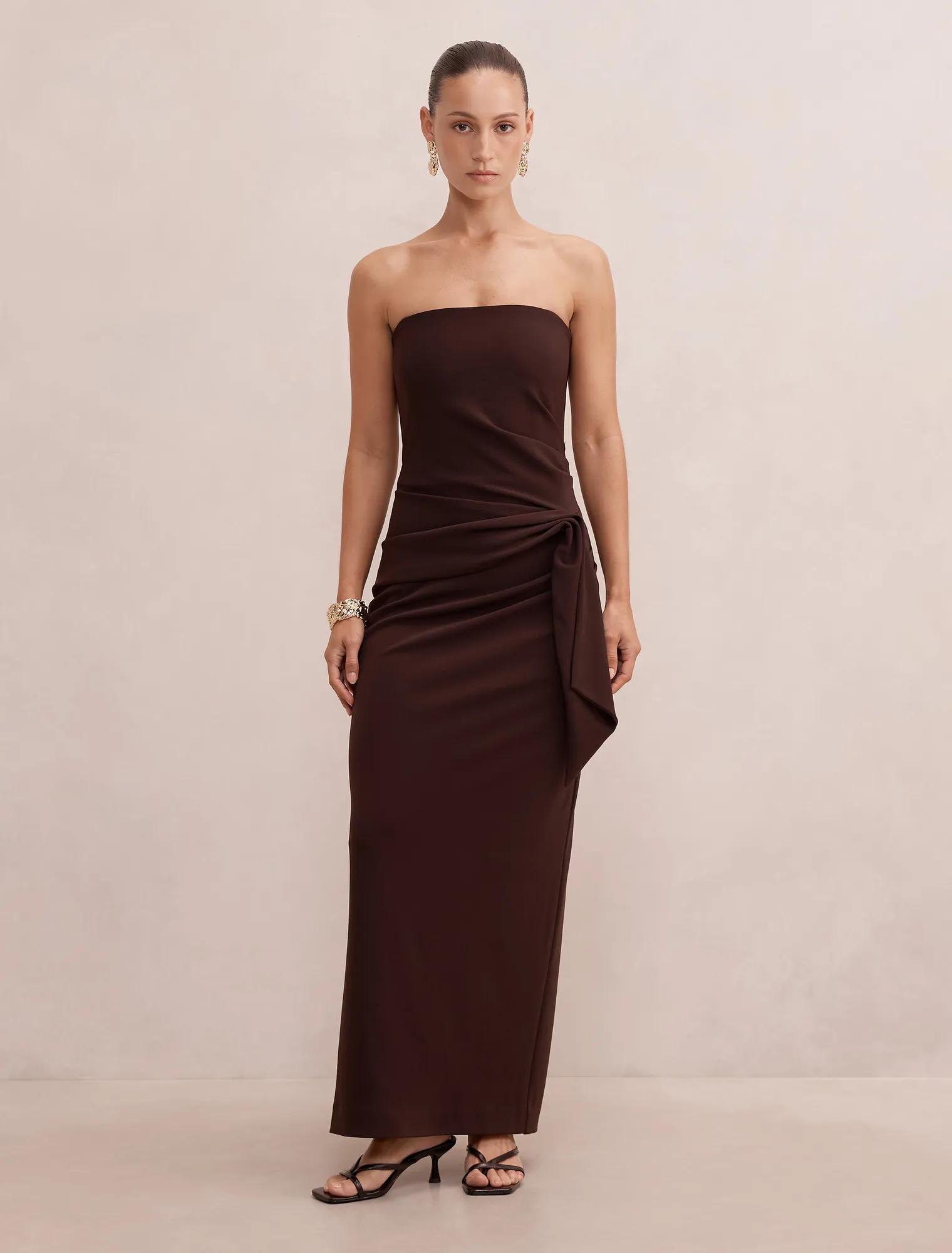 Forever New Women's Lilah Petite Strapless Crepe Dress in Dark Chocolate, Size 10 Polyester