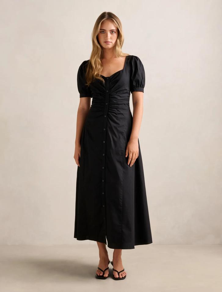 knee length dresses for ladies CurveWow Gathered Front Midi Dress Pink & Black Floral  Curvewow
