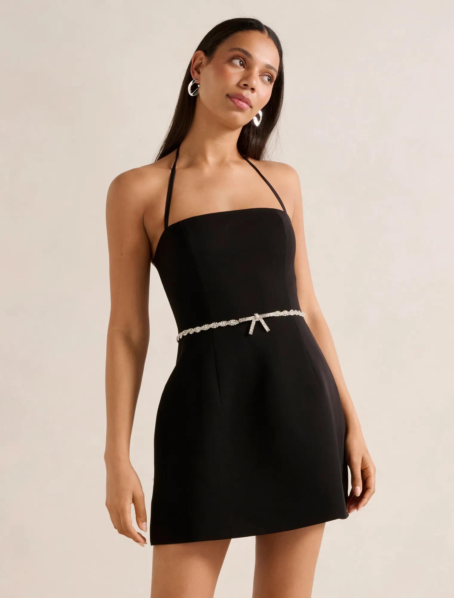 Mattie Halter Diamante Bow Mini Dress in Black - Size 0 to 12