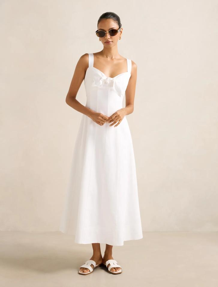 Kara Petite Tie Front Linen Midi Dress in White Size 4 to 16 Womens — free download