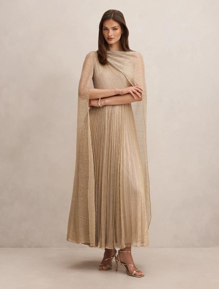 Agnes Cape Plisse Maxi Dress in gold - Size 0 to 12 - Womens Maxi Dresses