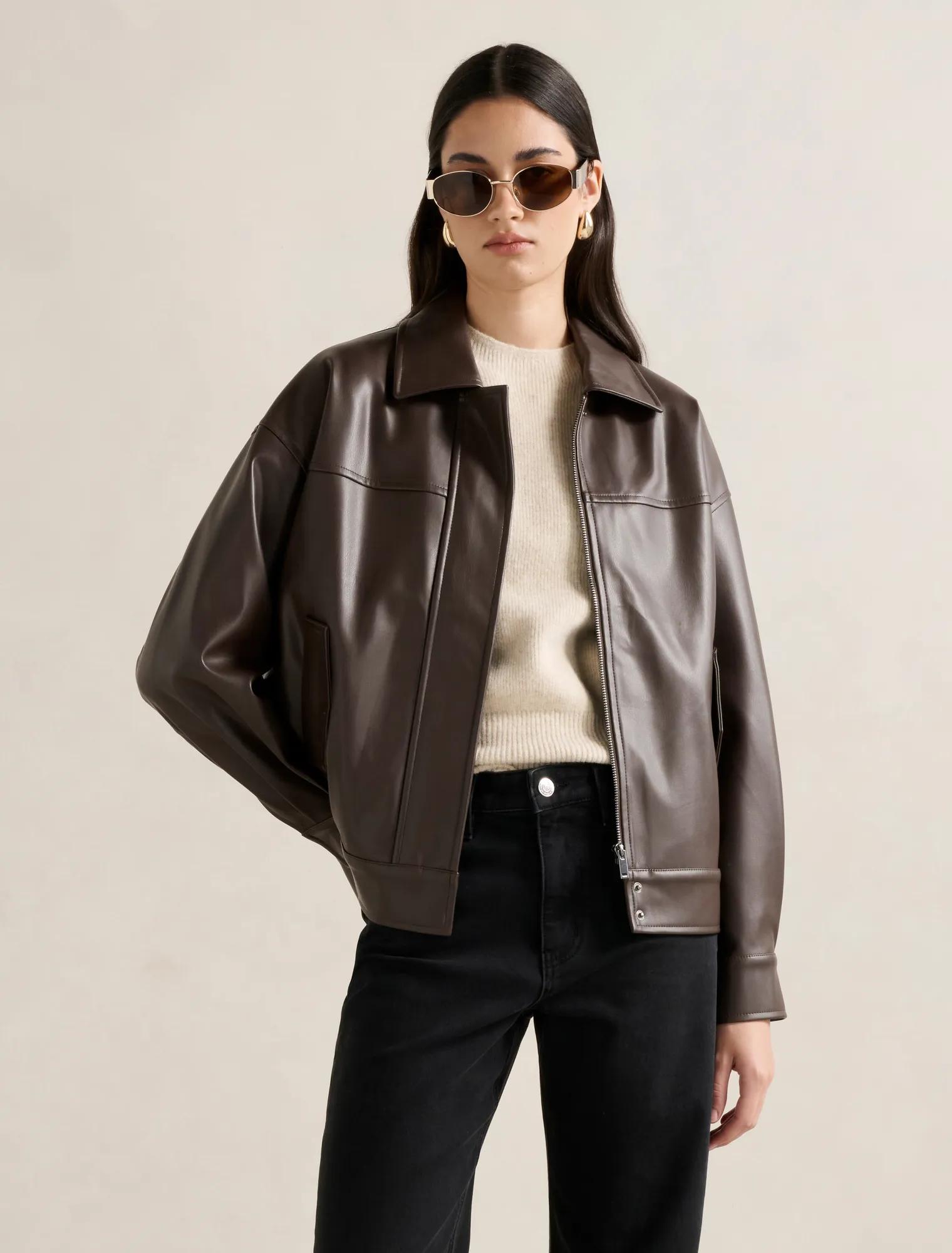 Maxine Vegan Leather Bomber Jacket in brown - Size 0 to 12