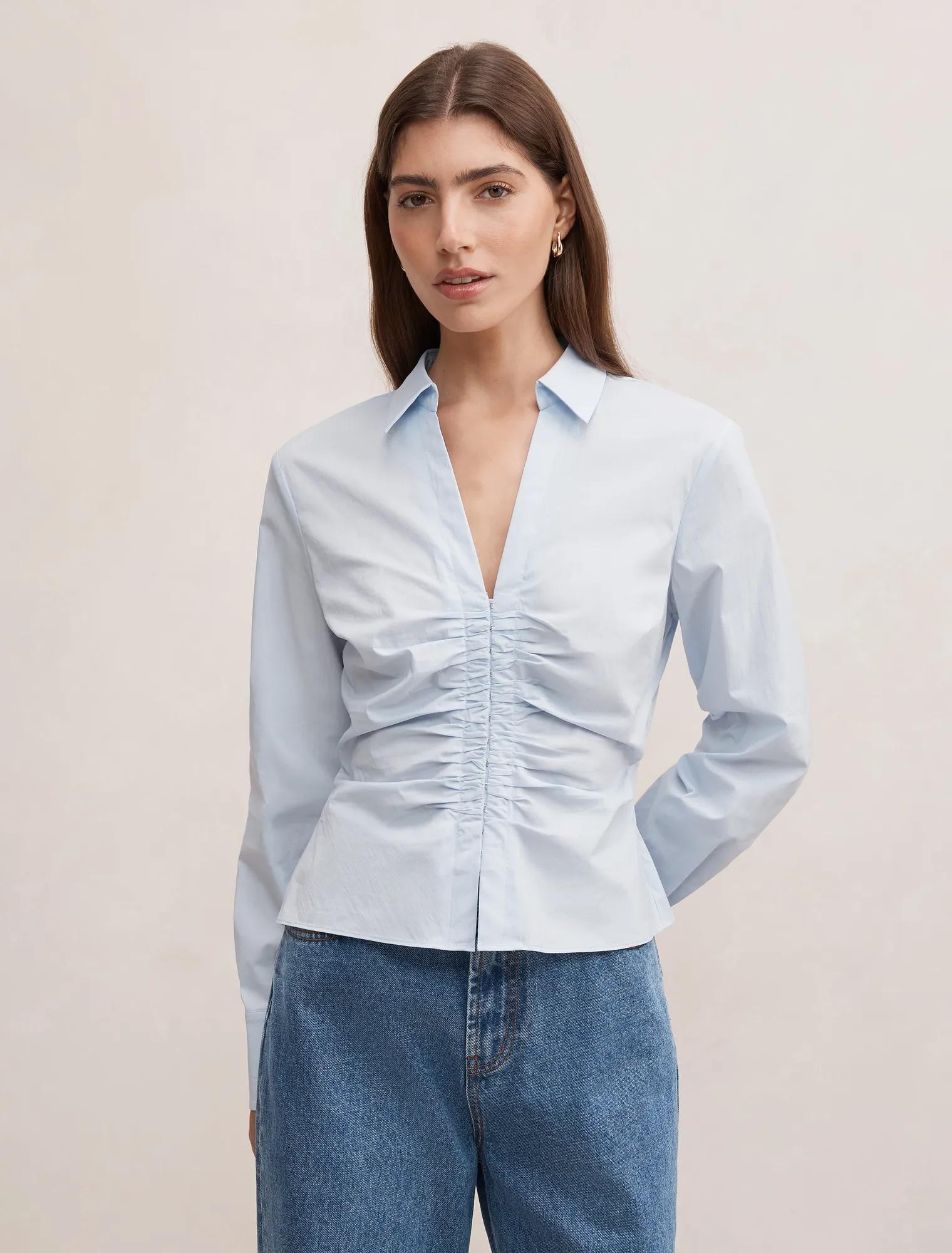 Forever New Women's Ainsley Gathered Shirt in Blue, Size 16 Cotton/Polyamide/Elastane