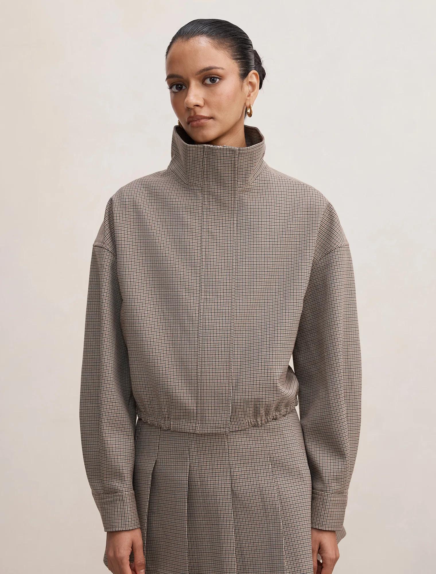 Forever New Women's Hazel Petite Funnel Neck Jacket in Micro Check Set, Size 10 Recycled Polyester/Viscose