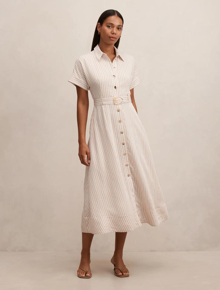 Cream Midi Dress - Emma Stripe Shirt - Size 4 to 16 - Womens Shirt Dress