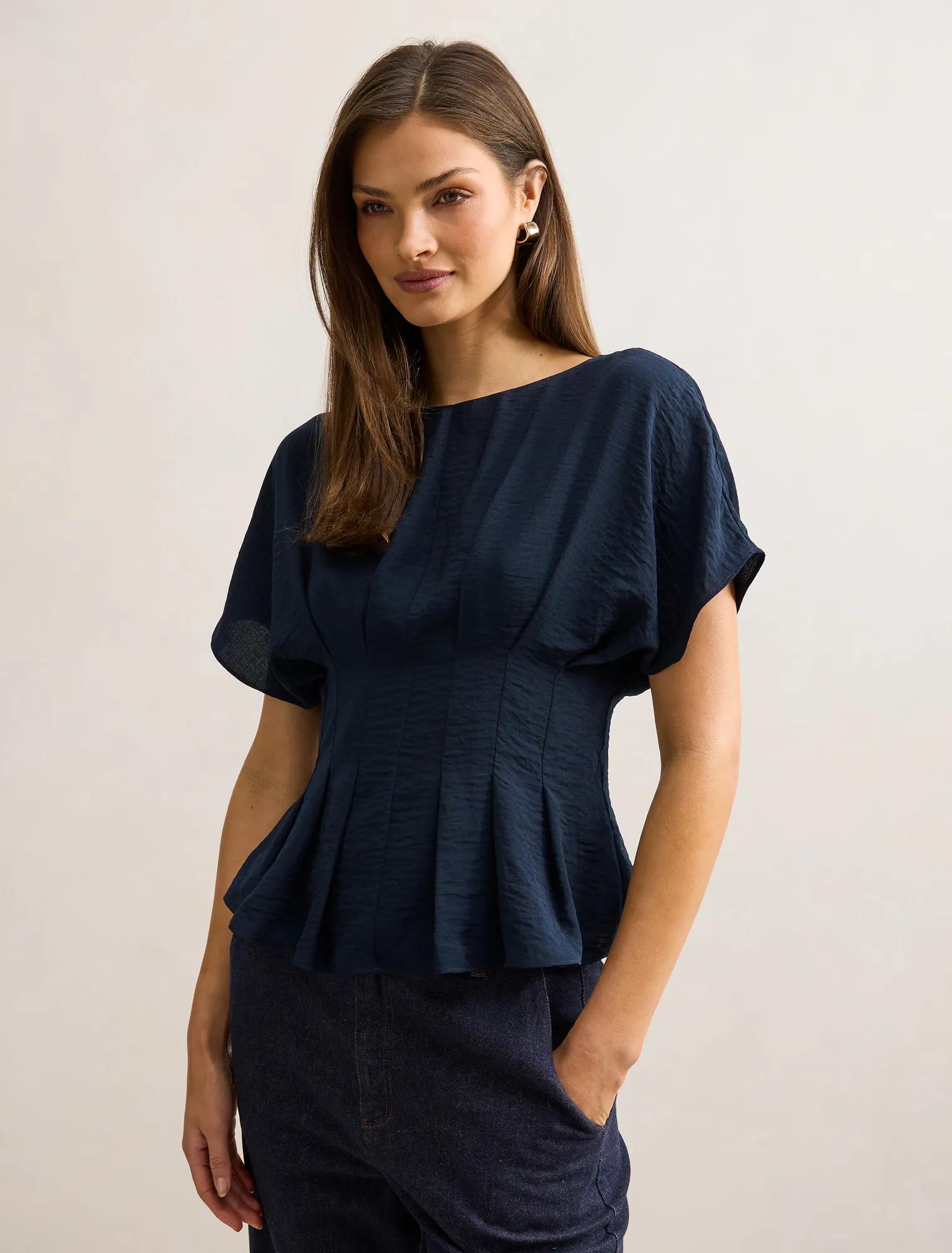 Wren Pleat Detail Top in navy blue - Size 0 to 12 - Womens Tops