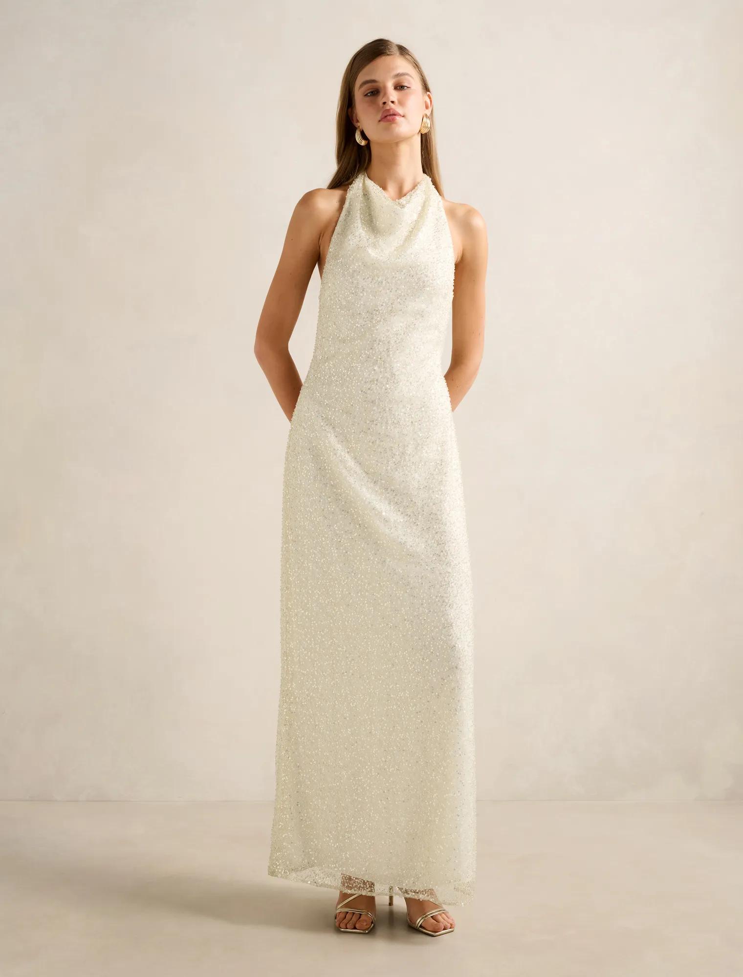 Gold Maxi Dress - Miranda Sequin Halter - Size 4 to 16
