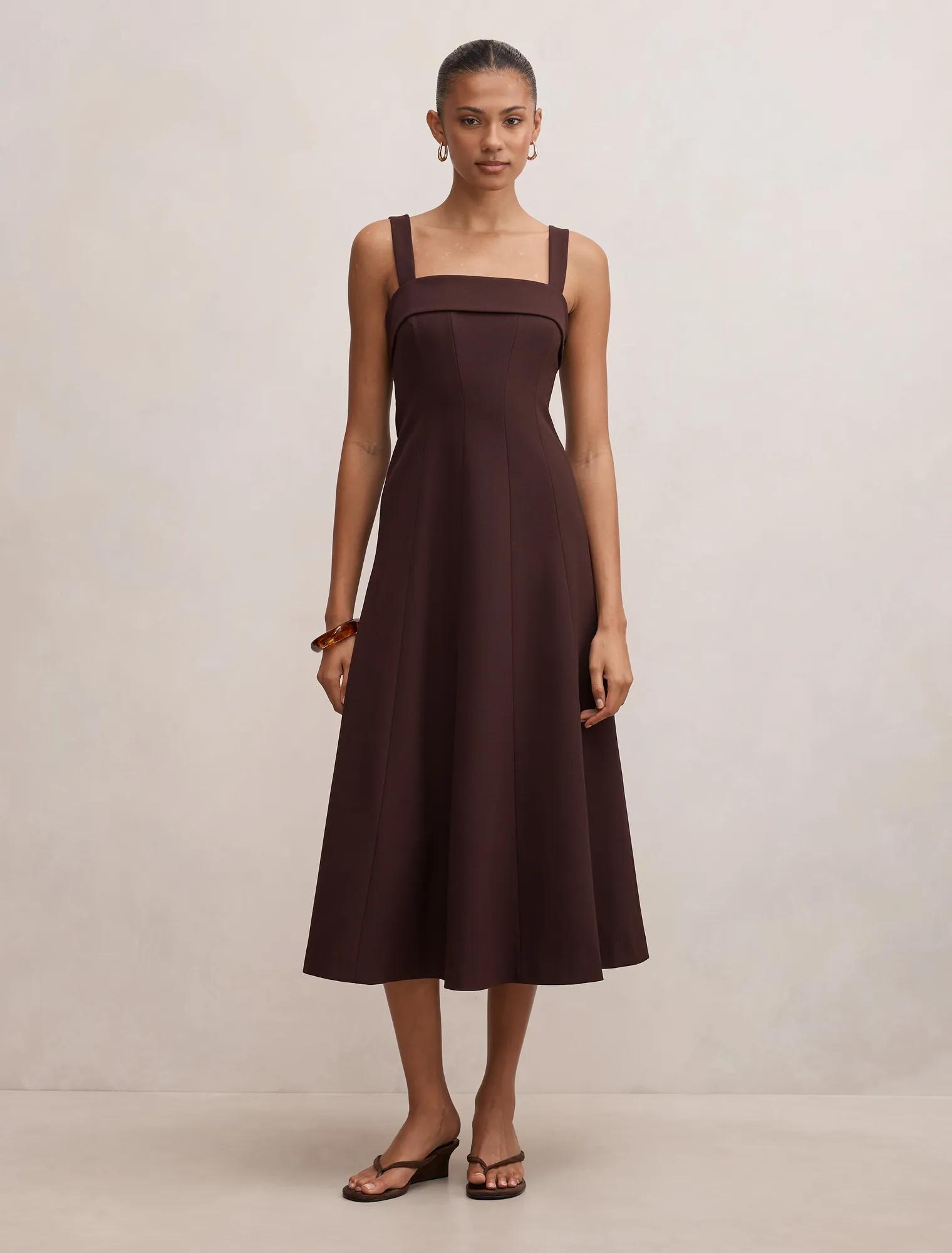 Forever New Women's Harriet Low Back Bow Midi Dress in Deep Plum, Size 12 Recycled Polyester/Elastane