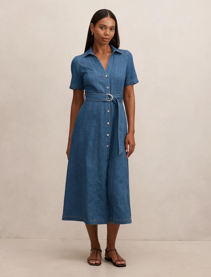 Josephine Short Sleeve Denim Dress in Blue - Size 4 to 16 - Womens Denim  Dresses