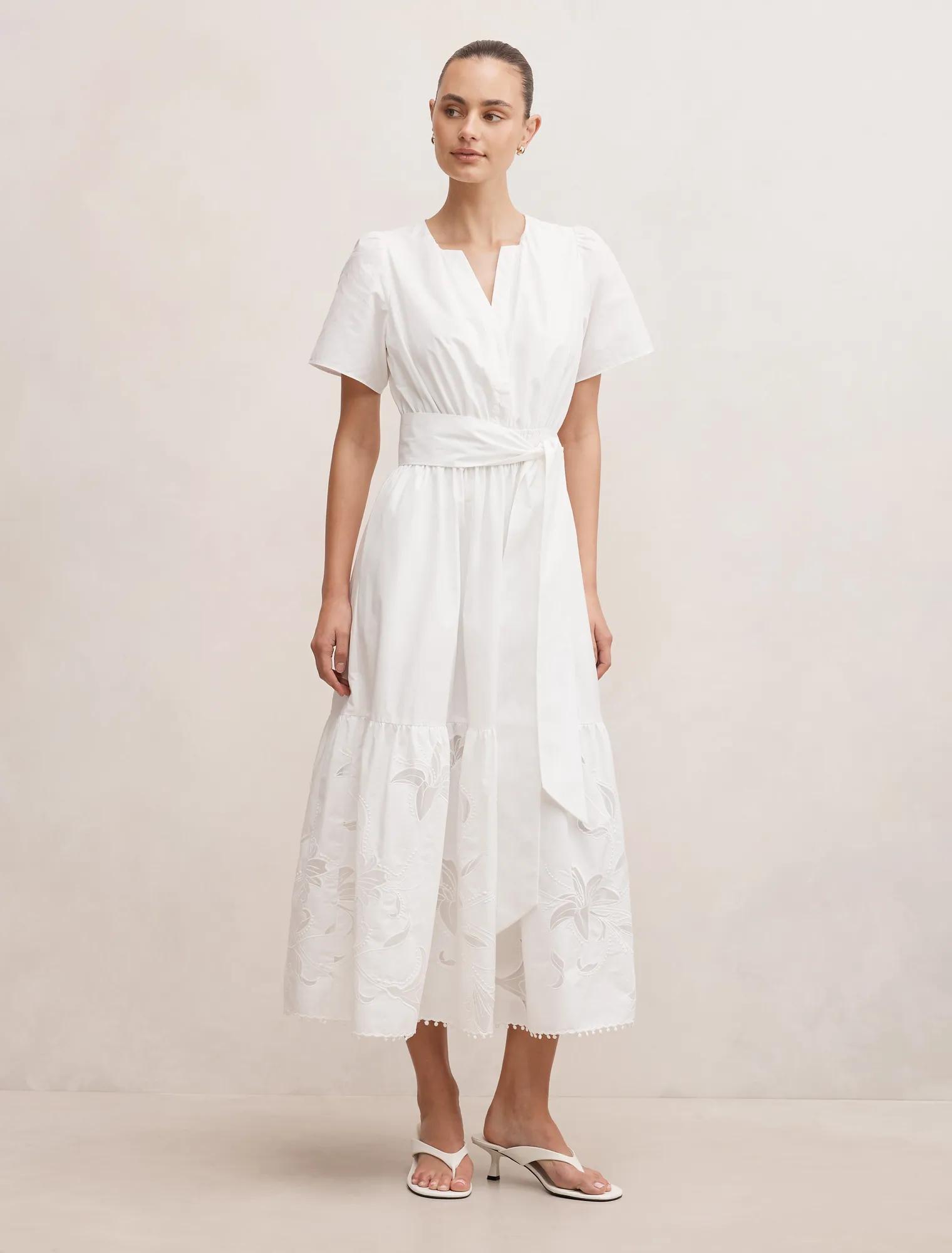 Matilda Embroidered Tie Midi Dress