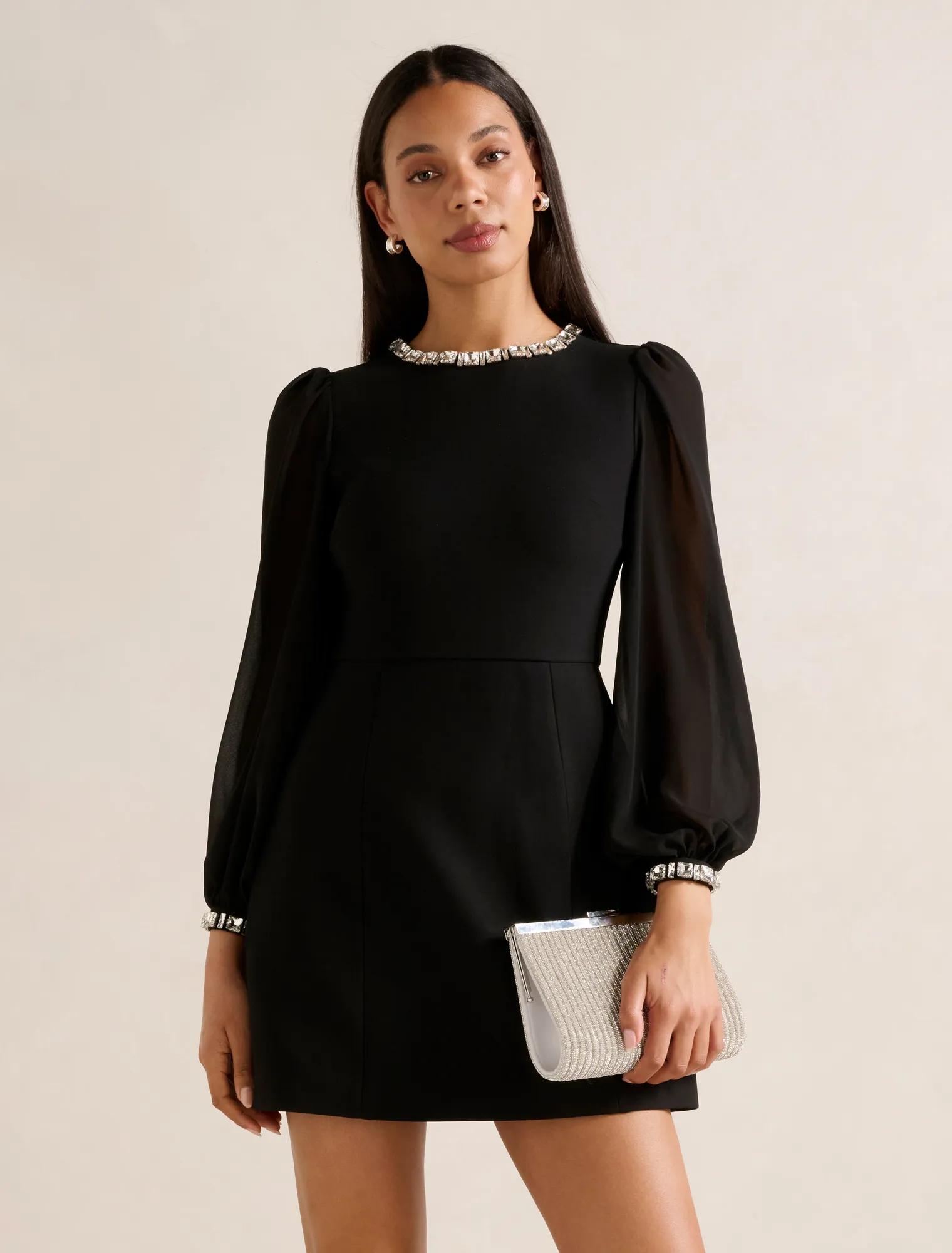 Forever New Women's Indiana Embellished Mini Dress in Black, Size 14 Recycled Polyester/Elastane Sleeve/Recycled Polyester Bodice