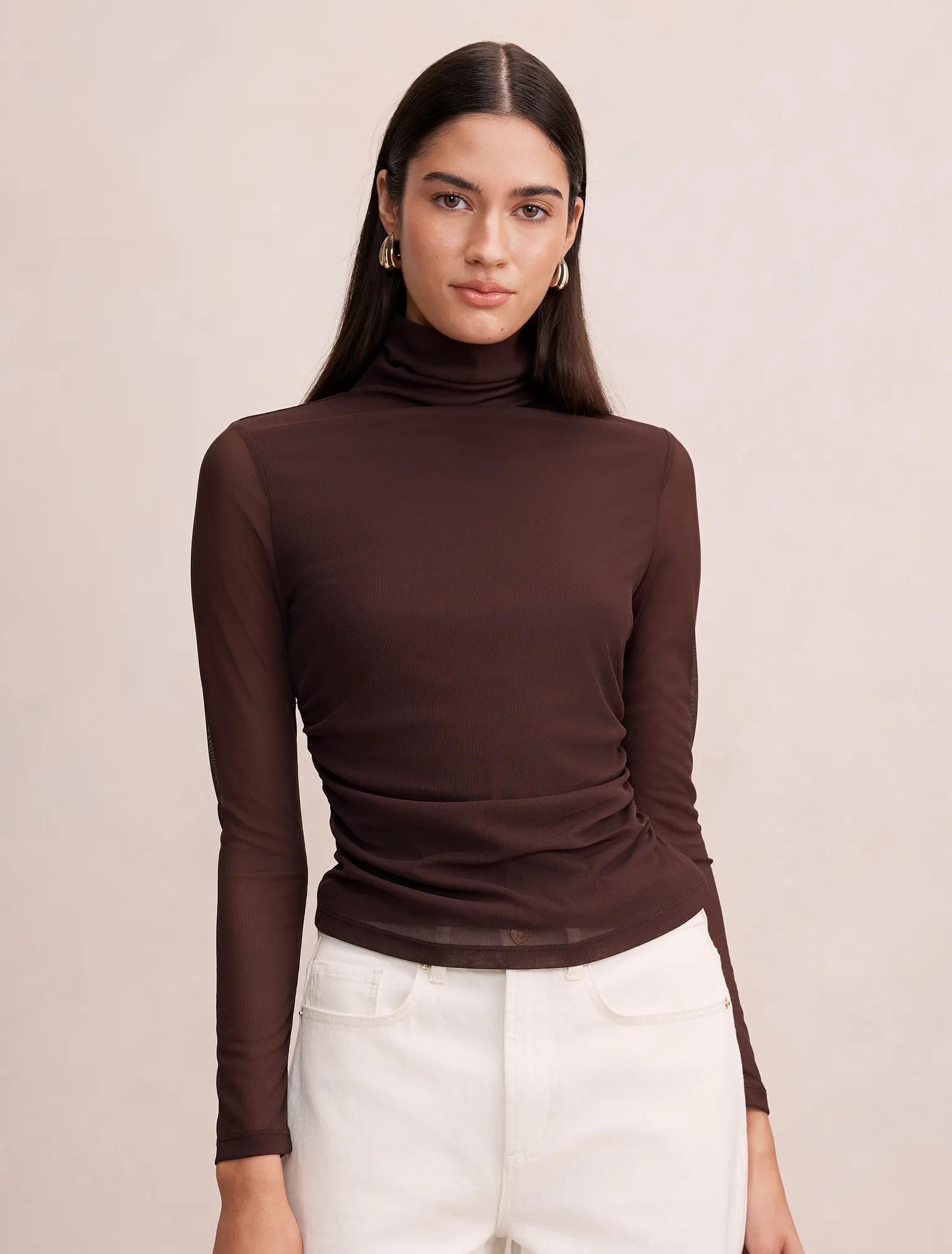 Forever New Women's Halston Roll Neck Long Sleeve Top in Chocolate Freckle, Size 8 Polyester