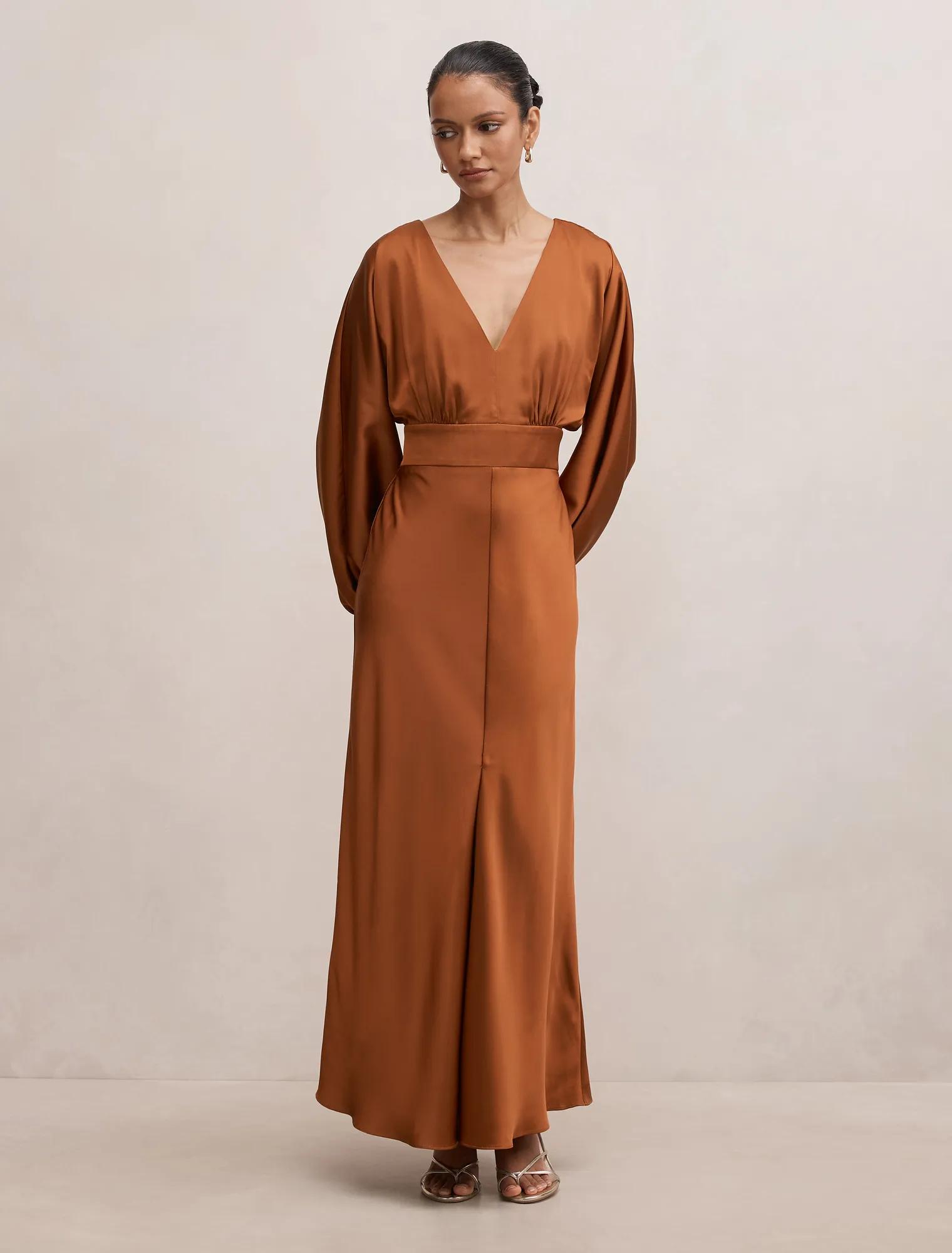 long brown dress with sleeves Satin panel mock neck sleeve maxi - Light Everyone will be toasting your impressive aesthetic in the Lulus Trendsetting Design Brown Textured Long Sleeve Maxi Dress Lovely Brown Maxi Dress -