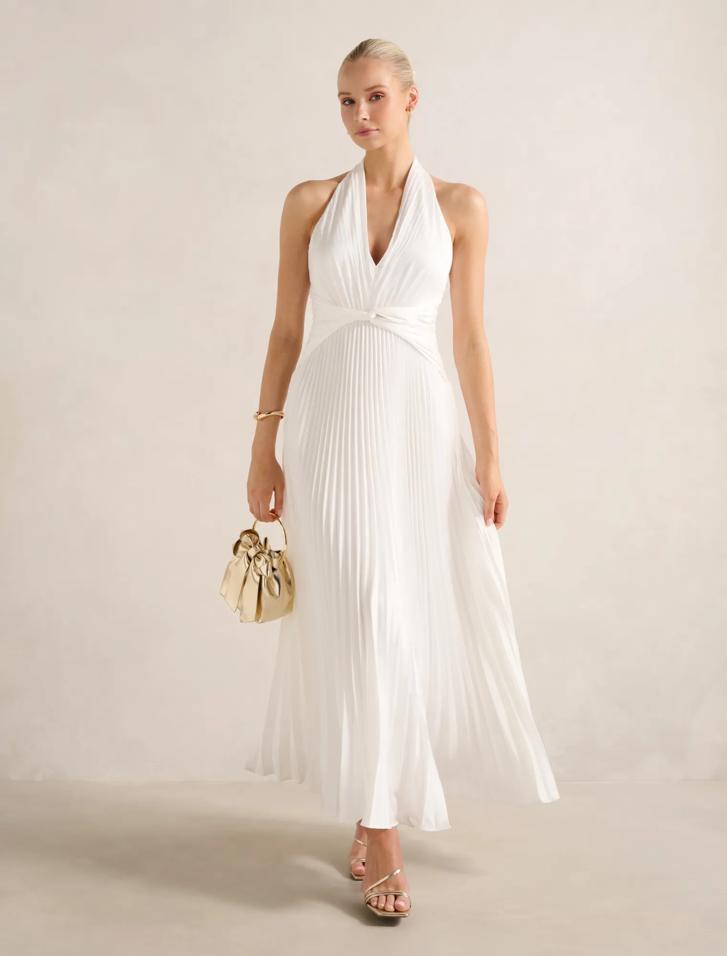Natasha Pleated Satin Halter Maxi Dress in White - Size 4 to 16 - Womens Maxi  Dresses