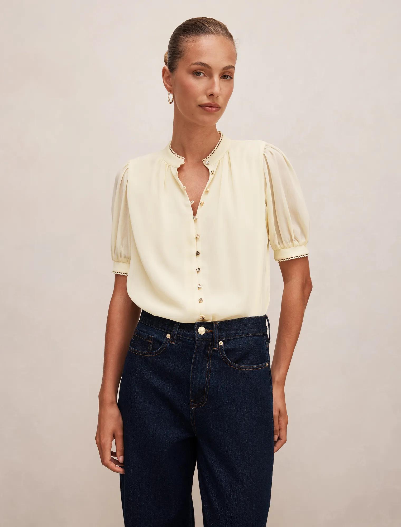 Forever New Women's Leighton Short Sleeve Blouse in Double Cream, Size 8 Recycled Polyester