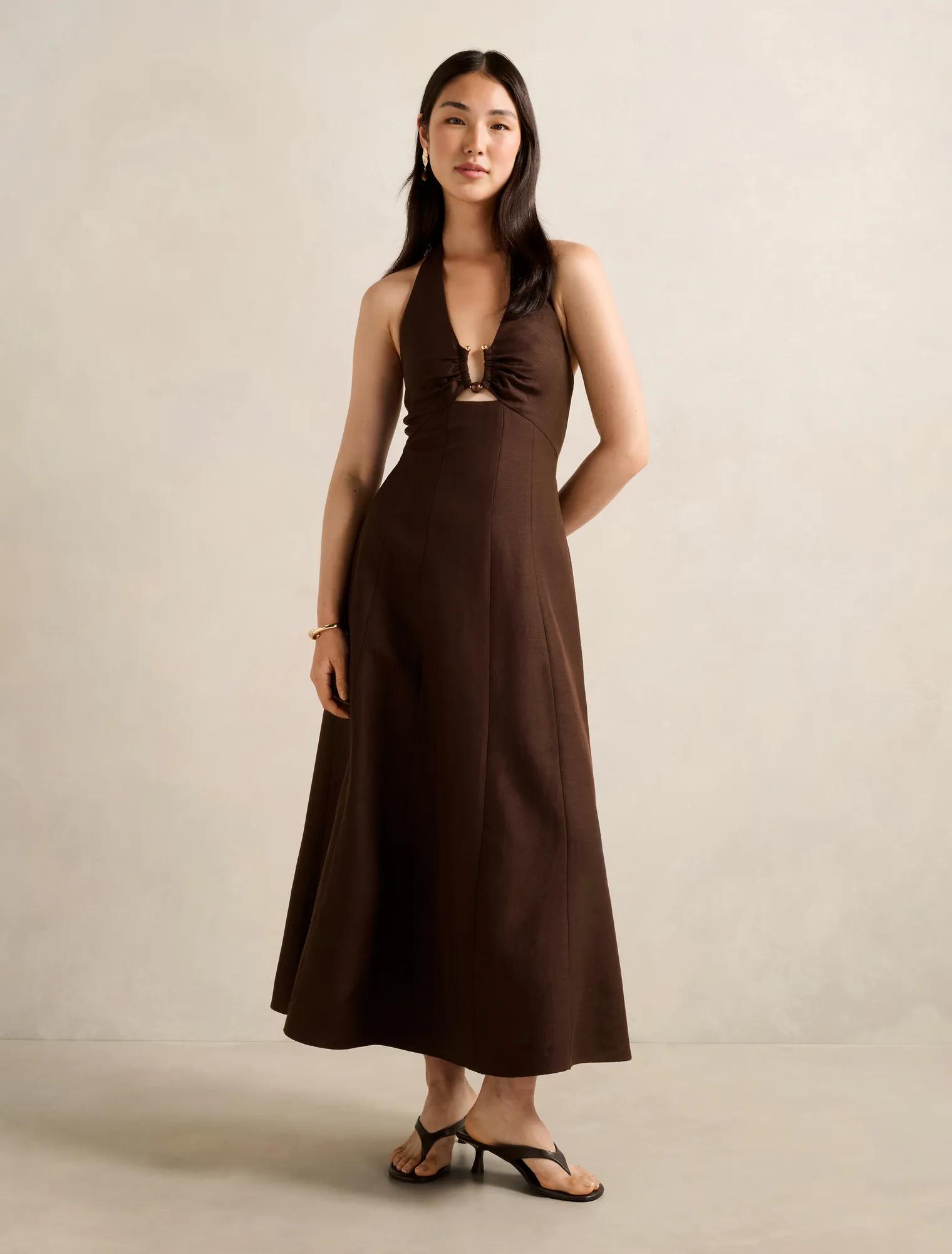Angie Hardware Halter Linen Midi Dress in Brown Size 4 to 16 Womens — free download