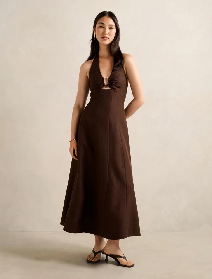 Angie Hardware Halter Linen Midi Dress in Brown - Size 4 to 16 - Womens  Halter Neck Midi Dresses