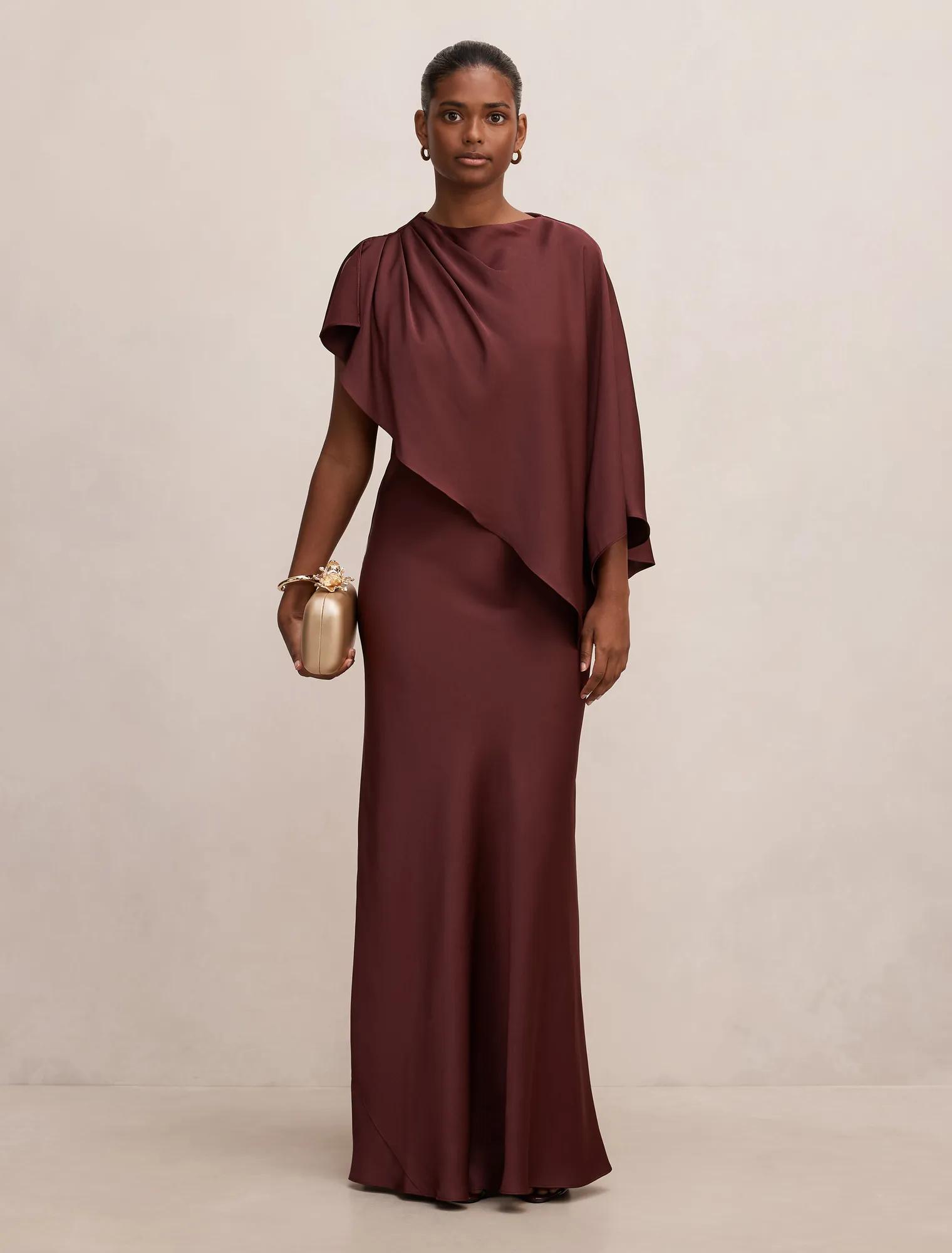 dark green empire waist dress Petite Blue Long Sleeve Satin Structured Bow Draped Column Gown main image 0