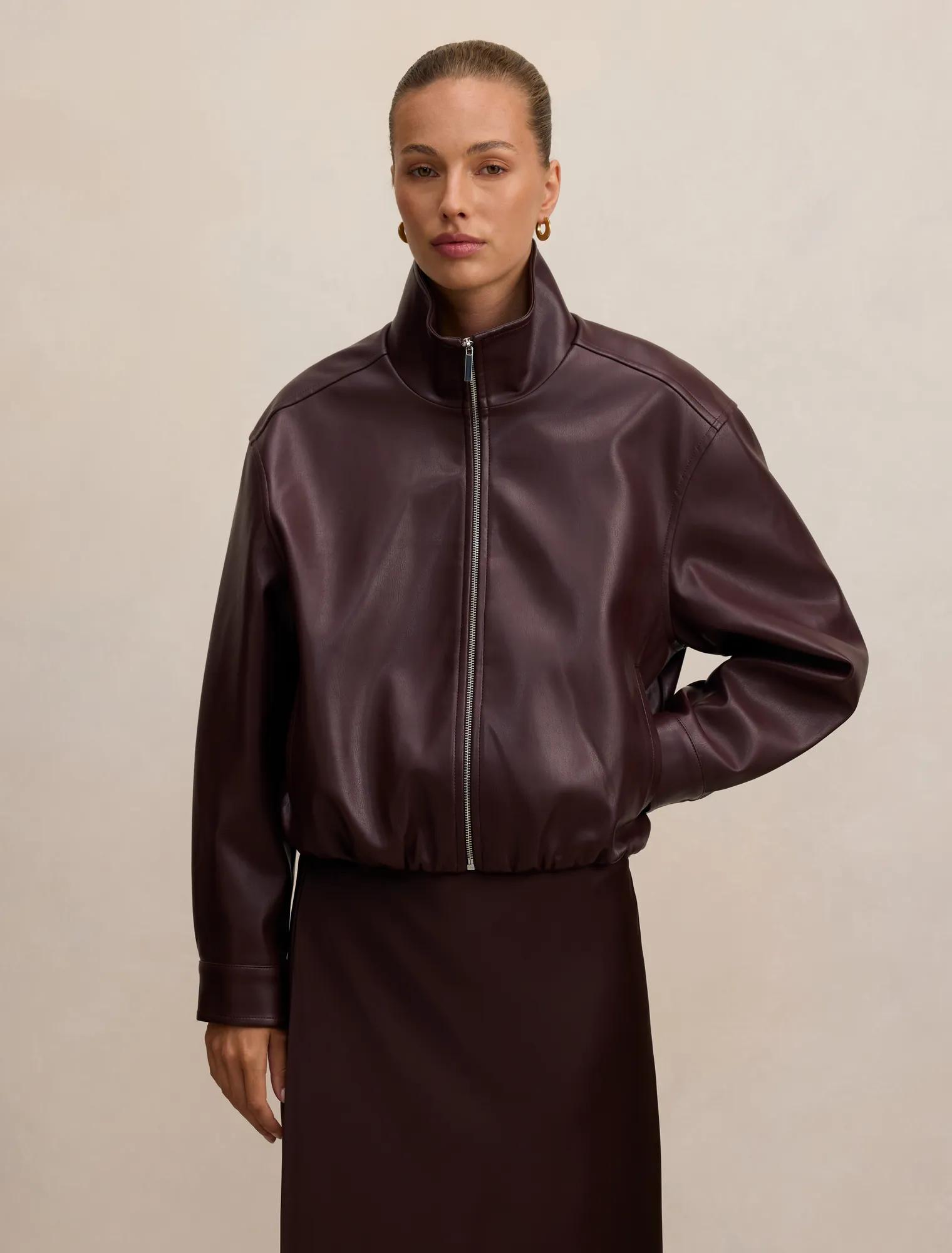 Forever New Women's Julia Faux Leather Funnel Neck Jacket in Berry, Size 14 Polyester with polyurethane coating/Polyester