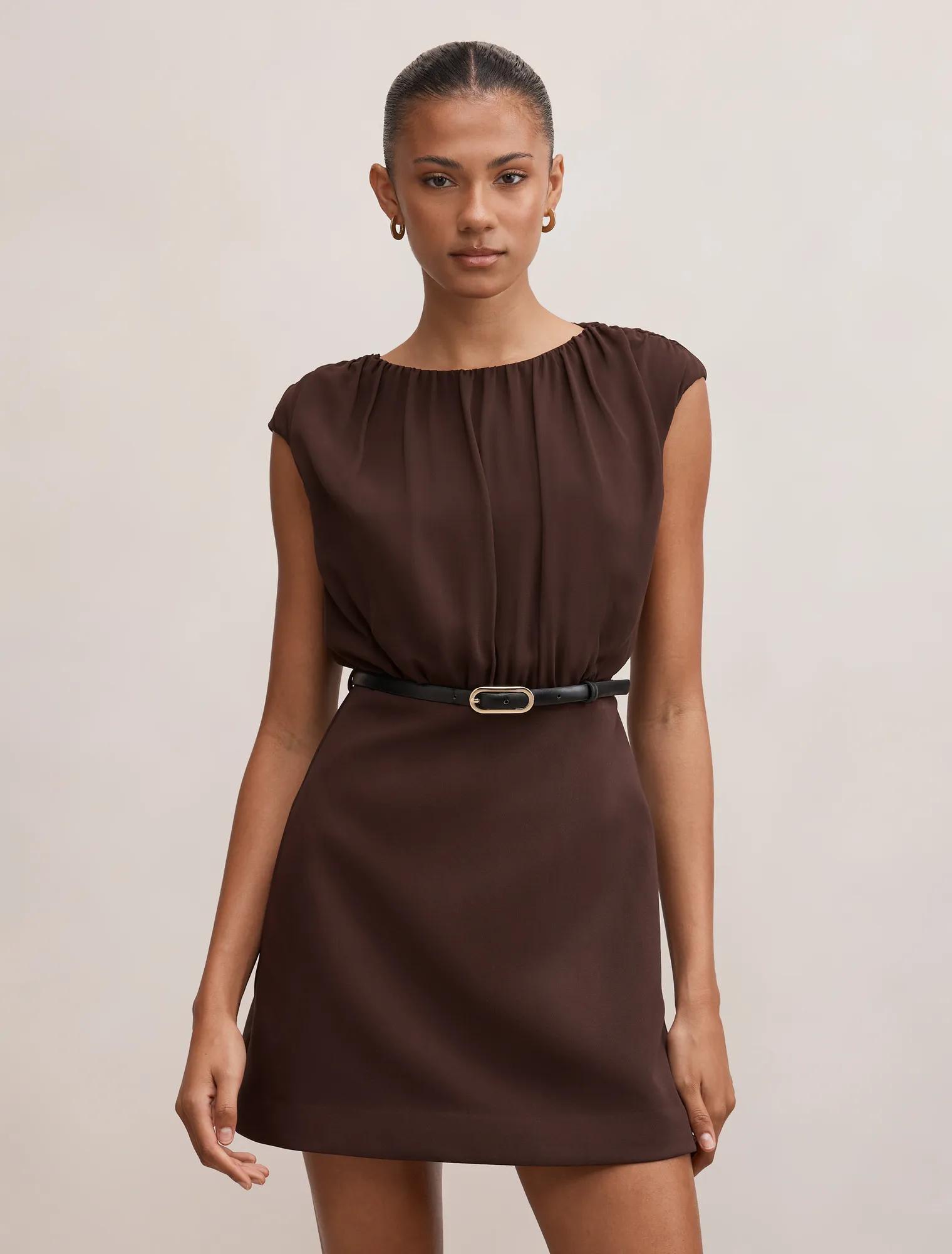 Forever New Women's Quinn Gathered Bodice Mini Dress in Chocolate Freckle, Size 4 Recycled Polyester