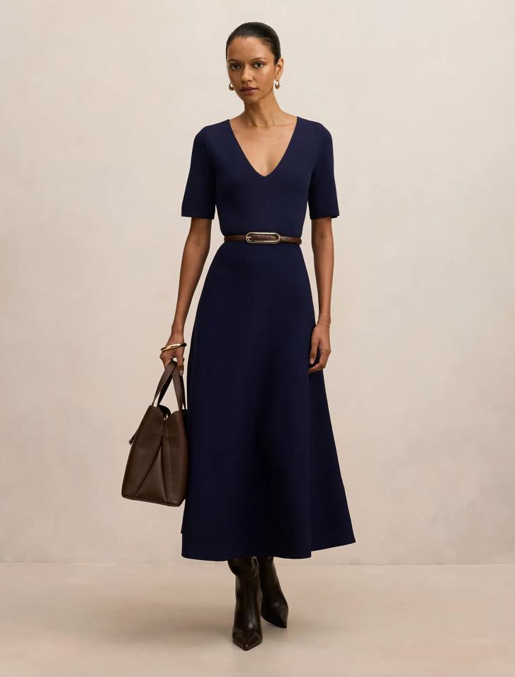 formal midi dress with short sleeves Velvet V-Neck A-line Short Sleeves Fall Midi Wedding Guest Dress main image 0