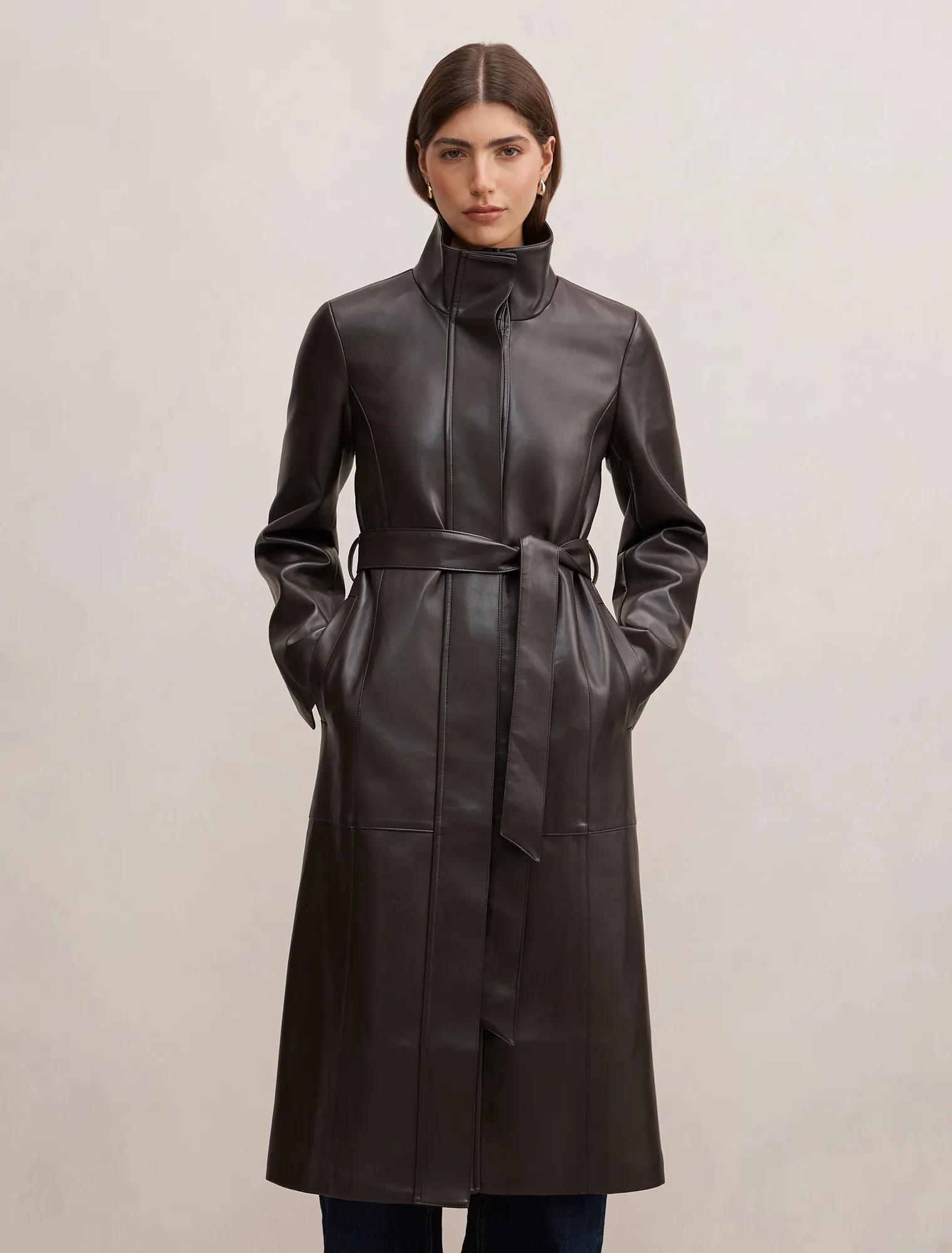 Forever New Women's Bonnie Faux Leather Funnel Trench Coat in Chocolate, Size 14 Polyester w