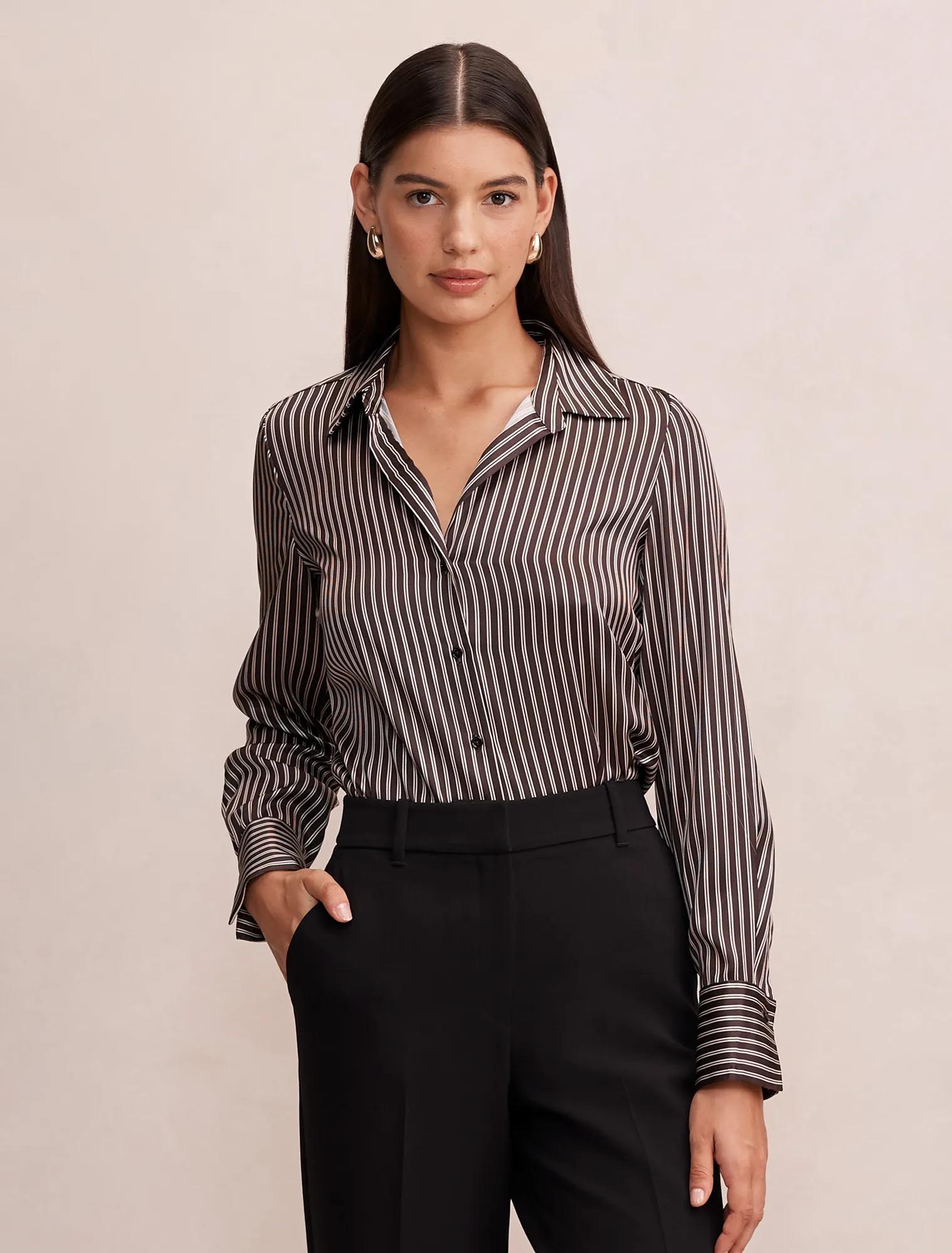 Forever New Women's Harvey Notched Neck Satin Shirt in Baxter Stripe, Size 6 Recycled Polyester
