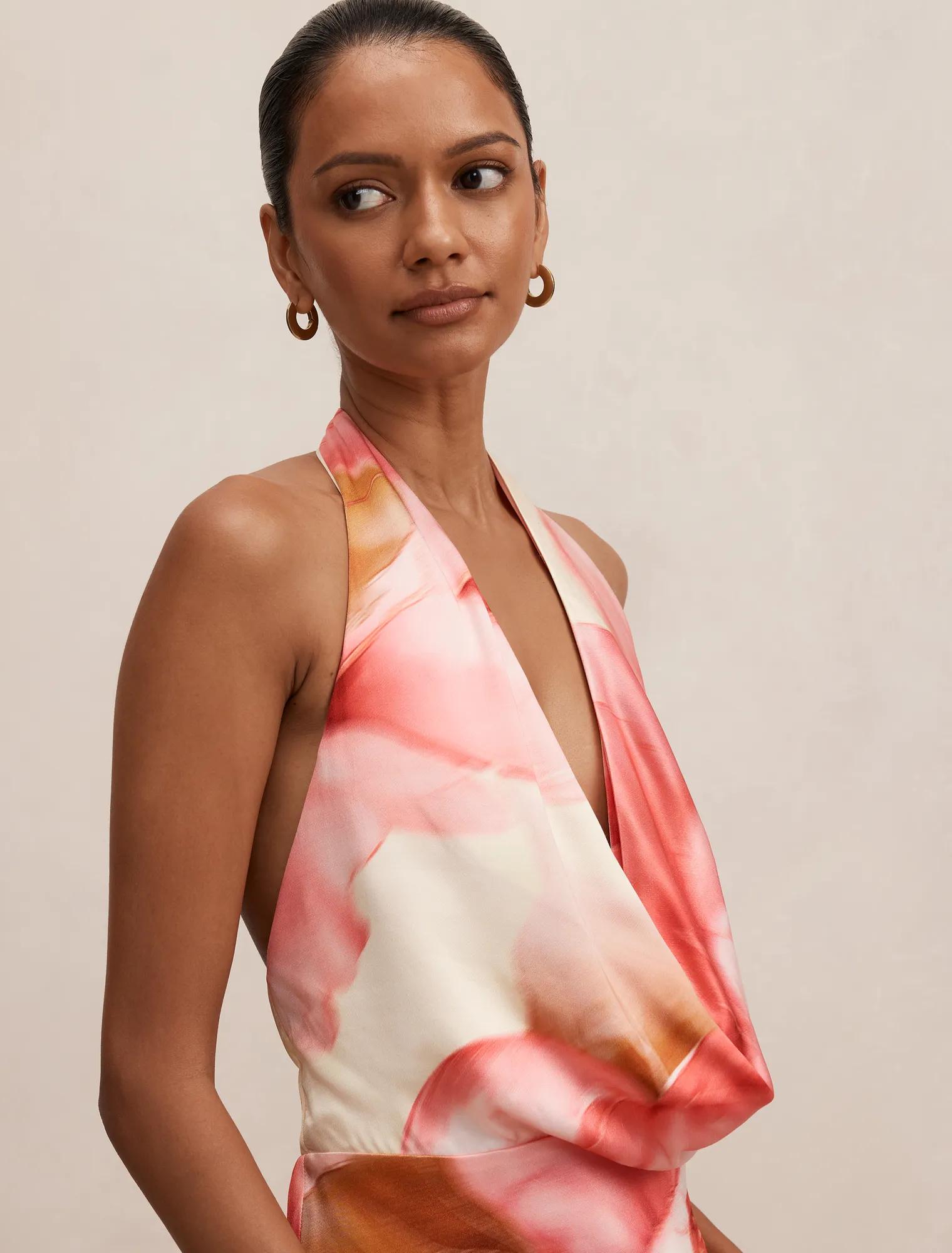 Becca Petite Cowl Halter Satin Gown