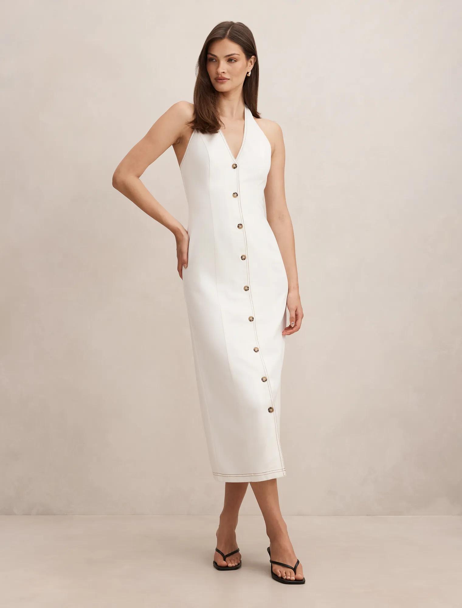 Amy Halter Denim Maxi Dress in white - Size 4 to 16 - Womens Maxi Dresses