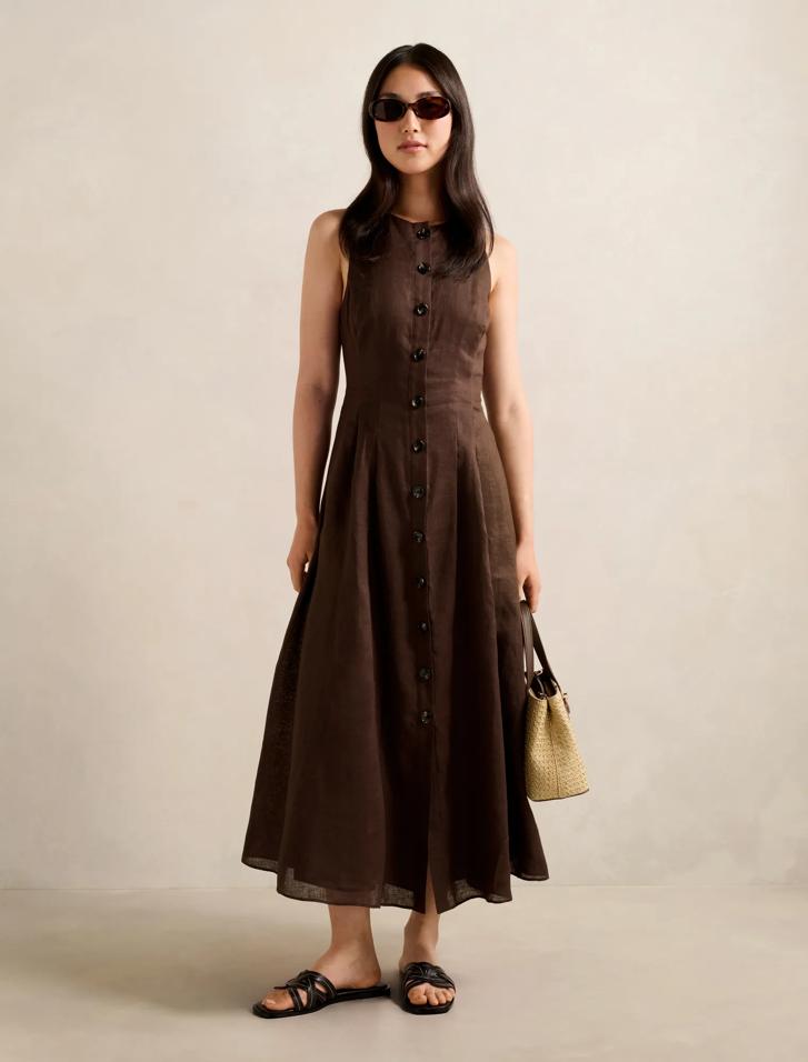 Pia Button Front Linen Midi Dress in brown - Size 4 to 16 - Womens Midi  Dress