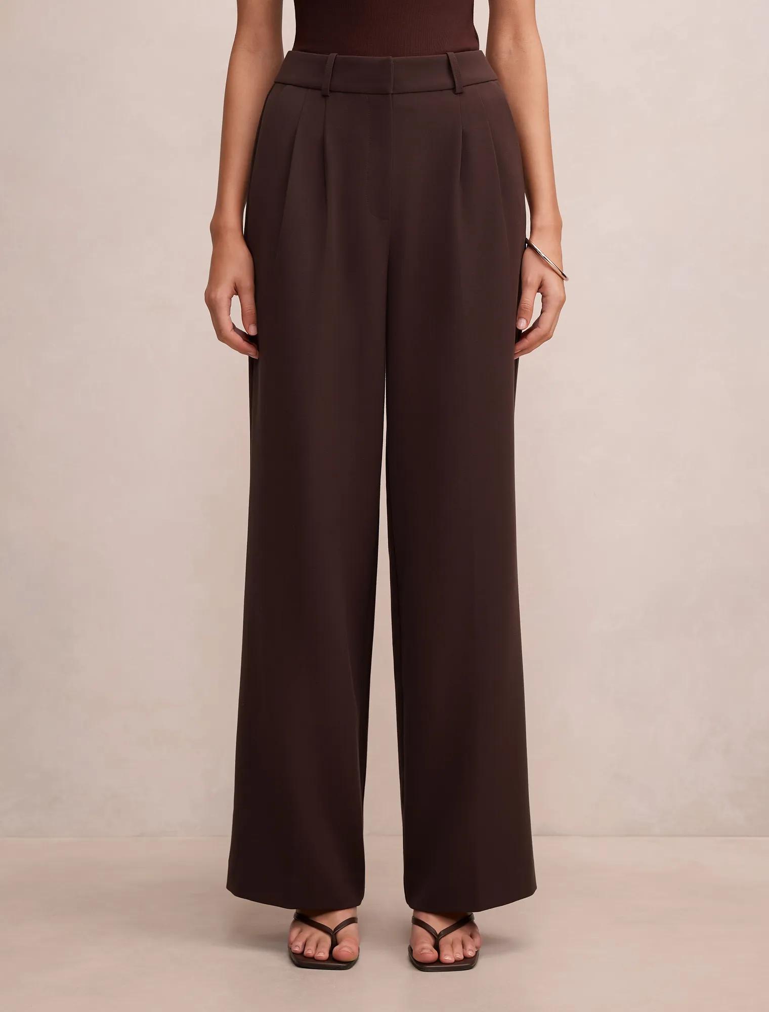 Forever New Women's Eva Pleat Wide Leg Trousers in Chocolate, Size 8 Recycled Polyester/Viscose/Elastane
