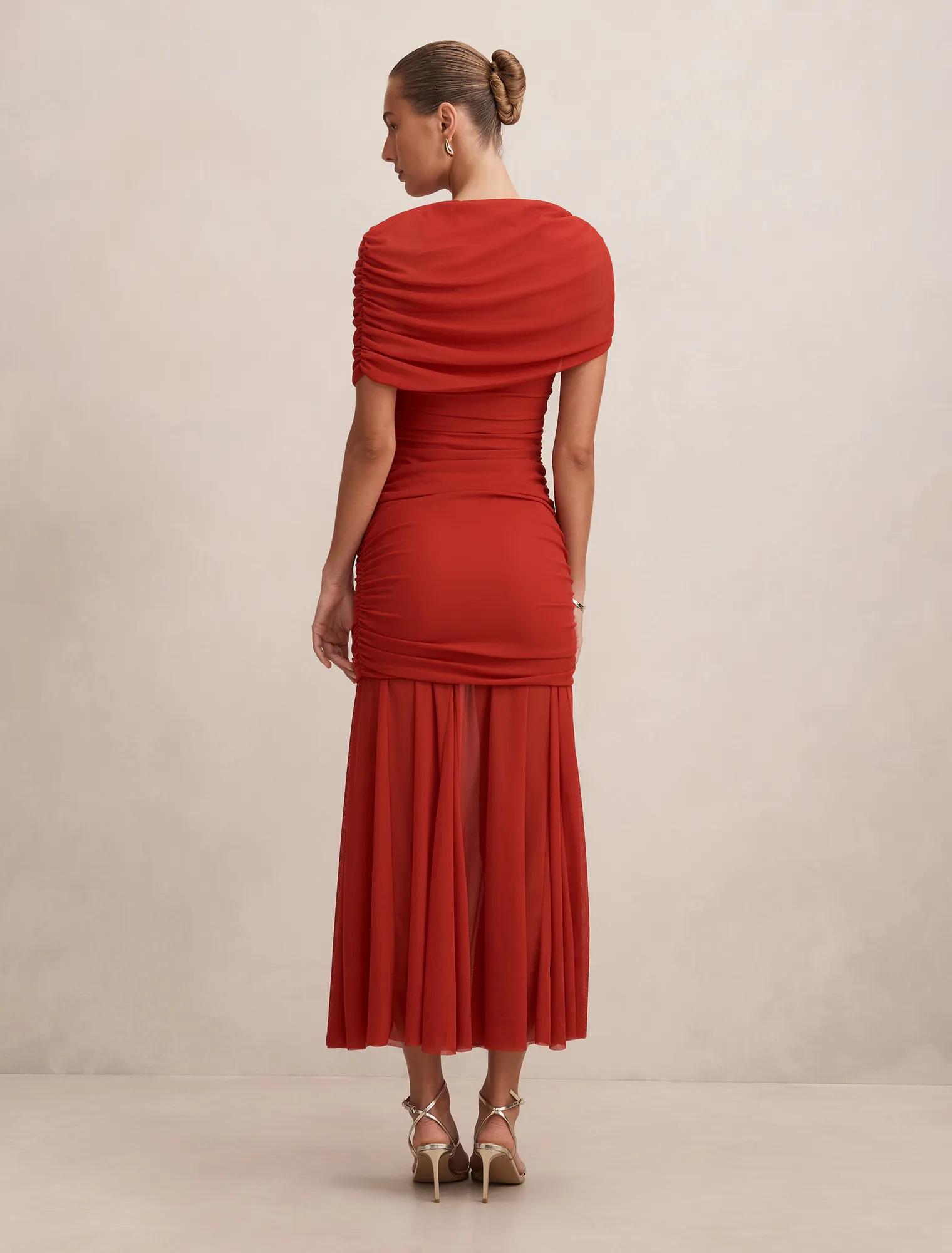 Elouise Asymmetric Cape Mesh Maxi Dress